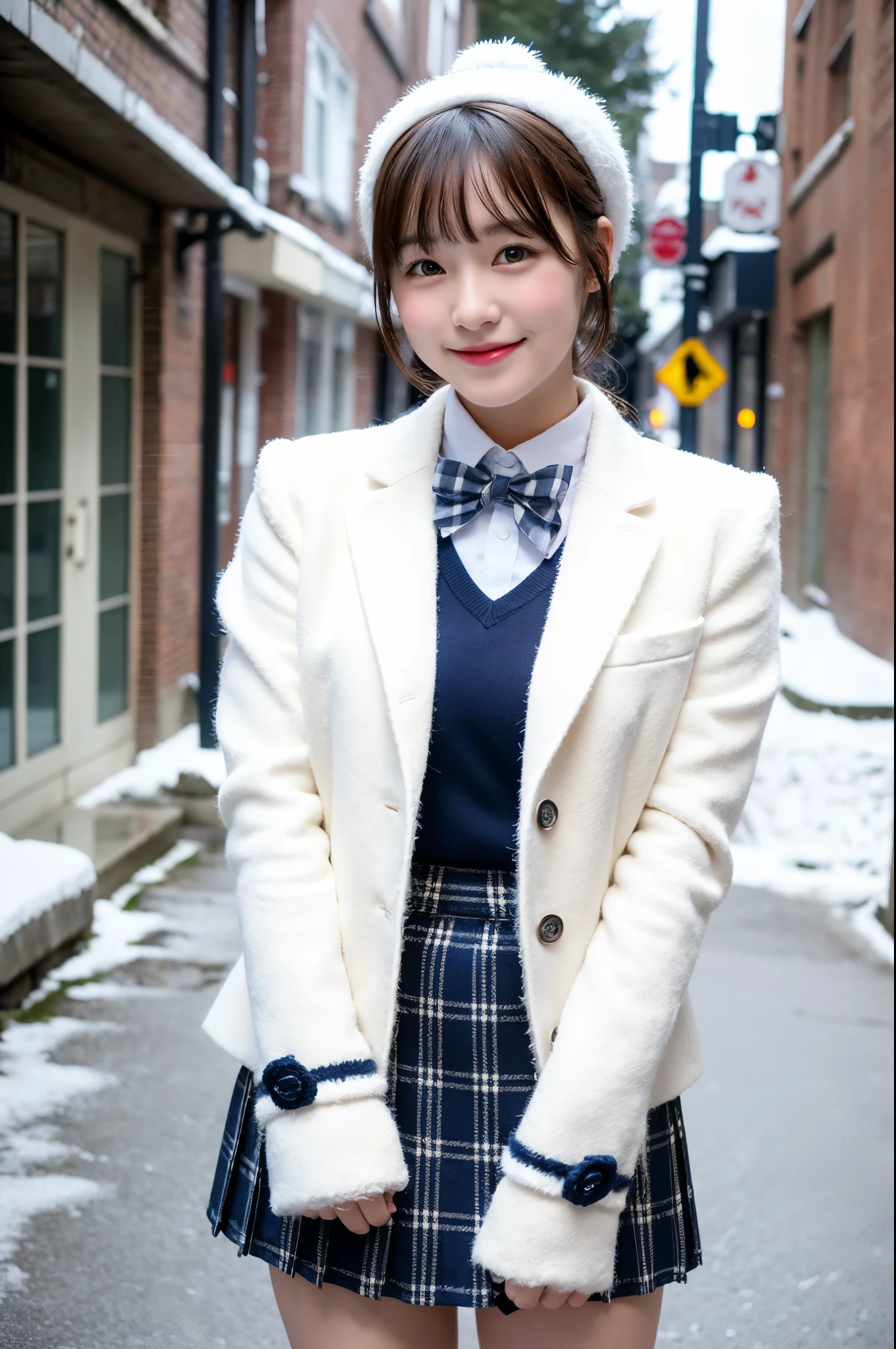 girl in snowy town street,white knitted hat,white shirt with red bow tie,white leggings,navy blue long coat,gloves,blue plaid pleated skirt,18-year-old,bangs,a little smile,thighs,knees,short cut hair,ponytail,from below