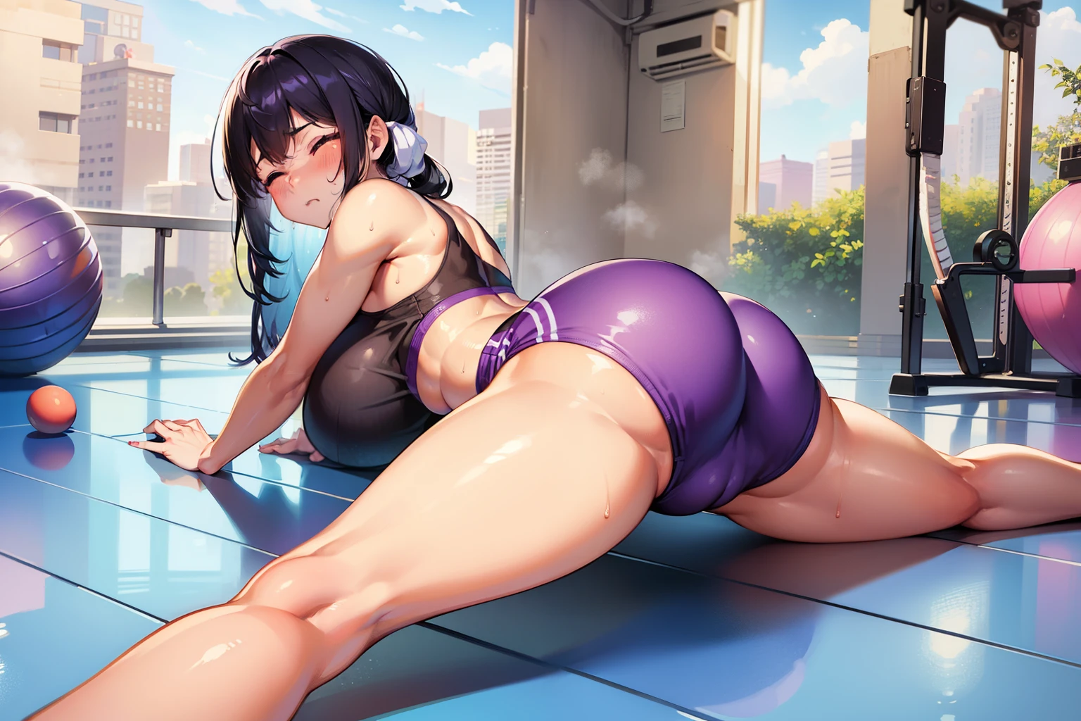 (masterpiece), best quality, expressive eyes, perfect face, gym, workout, hot, sweating, sweaty, tan, big boobs, tan skin, flustered, blush, purple clothes, see thru, yoga pants, black hair, sitting on exercise ball, gym ball, exercise ball, curvy woman , black hair , straight hair, purple eyes, emberased, purple hair, eyes closed, closed eyes