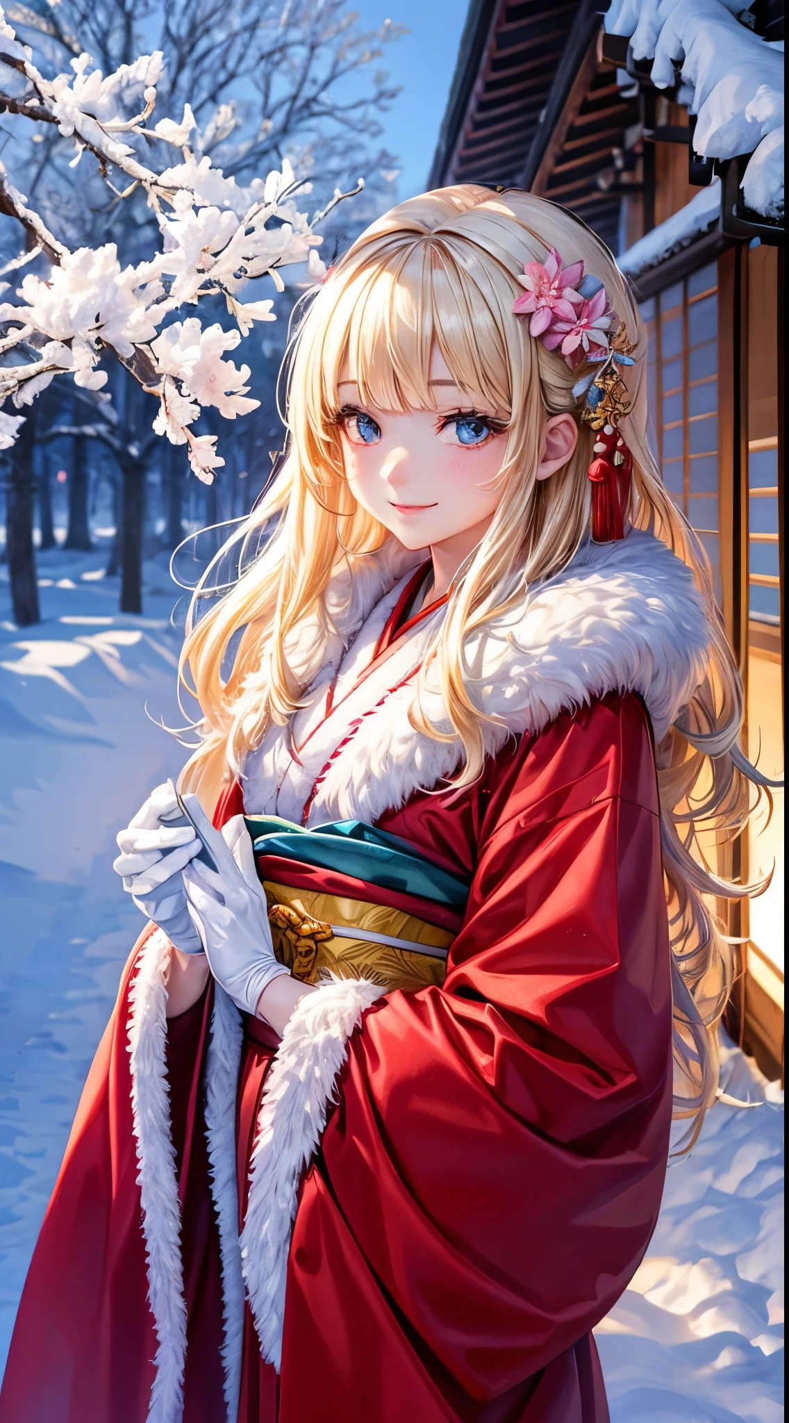 Very detailed CG Unity 8K wallpaper, Cute One Girl, Mature blonde girl, beautiful  Girl, hot maiden, pale skin (Super masterpiece, Beautiful person, well detailed face polluted smile,   flat chest is hidden by kimono、Photorealistic, hyper realisitic), Colorful winter kimono in red and pink colors 、has white fur、 Wearing white gloves,Japanese Style Hair Accessories,  (Light Lighting)、smil,Upper body 、Japanese background of flowers and snow