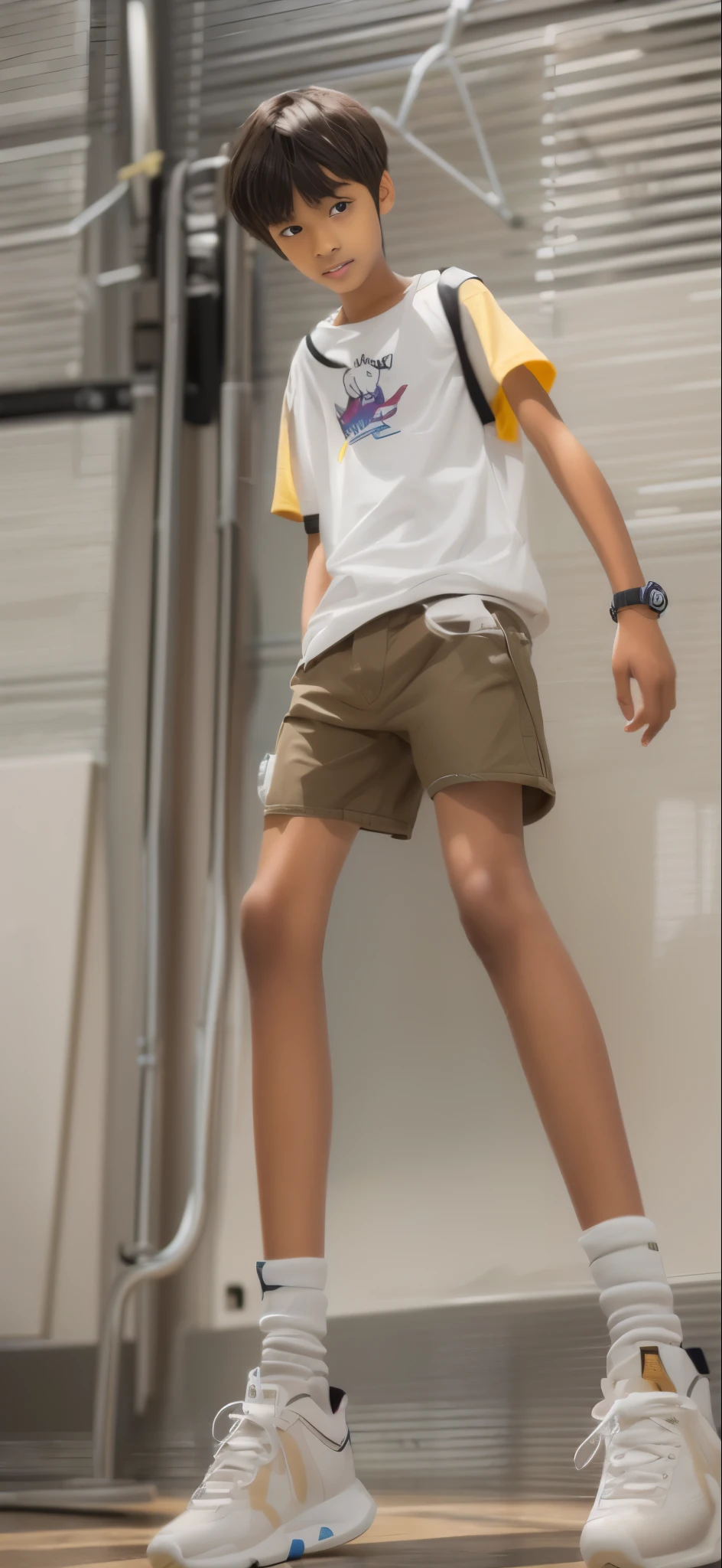 14 year old boy,Brown skin,Mini shortlue tshirts,largeeyes,Short hair details,tall and lanky skinny,fully body photo,A junior high school student,Toothy smile,k hd,8k,Highest image quality
