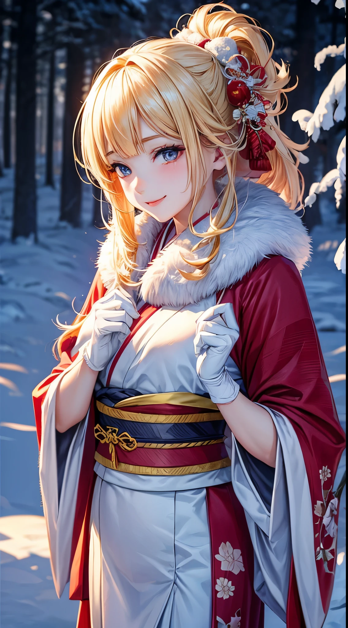 Very detailed CG Unity 8K wallpaper, Cute One Girl, Mature blonde girl, beautiful Girl, hot maiden, pale skin (Super masterpiece, Beautiful person, well detailed face polluted smile, flat chest is hidden by kimono、Photorealistic, hyper realisitic), Colorful winter kimono in red and pink colors 、has white fur、 Wearing white gloves,Japanese Style Hair Accessories, (Light Lighting)、smil,Upper body 、Japanese background of flowers and snow