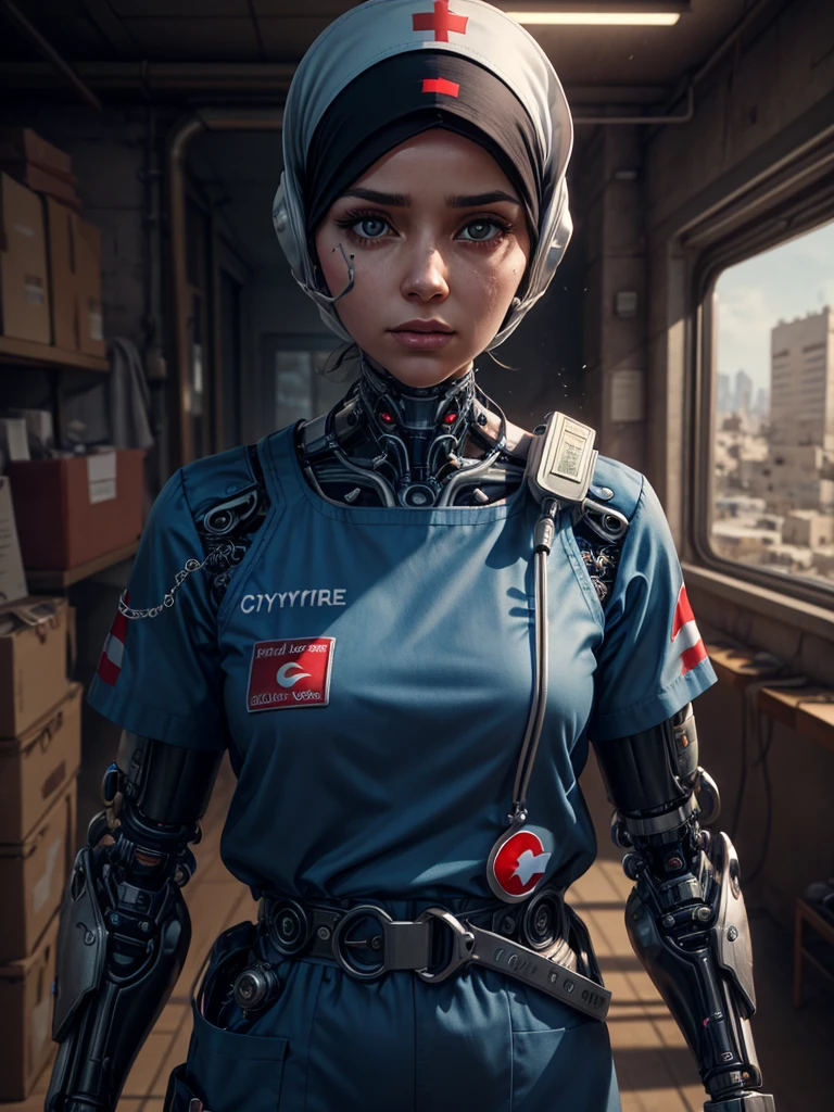 Cinematic Waist Up Portrait of modest Palestinian female cyborg nurse donning hijab and red crescent uniform in a small city clinic, wears cybernetic clear full  faceshield, detailed face, detailed cybernetic enhanced blue retinas, insanely detailed and intricate scene and cybernetic limbs, donning field medic jumpsuit, ultra high resolution, octane render, octane lighting