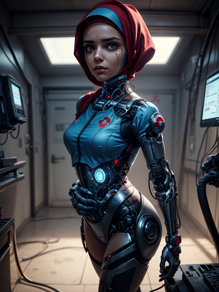 Cinematic Waist Up Portrait of modest Palestinian female cyborg nurse donning hijab and red crescent uniform in a small city clinic, wears cybernetic clear full  faceshield, detailed face, detailed cybernetic enhanced blue retinas, insanely detailed and intricate scene and cybernetic limbs, donning field medic jumpsuit, ultra high resolution, octane render, octane lighting