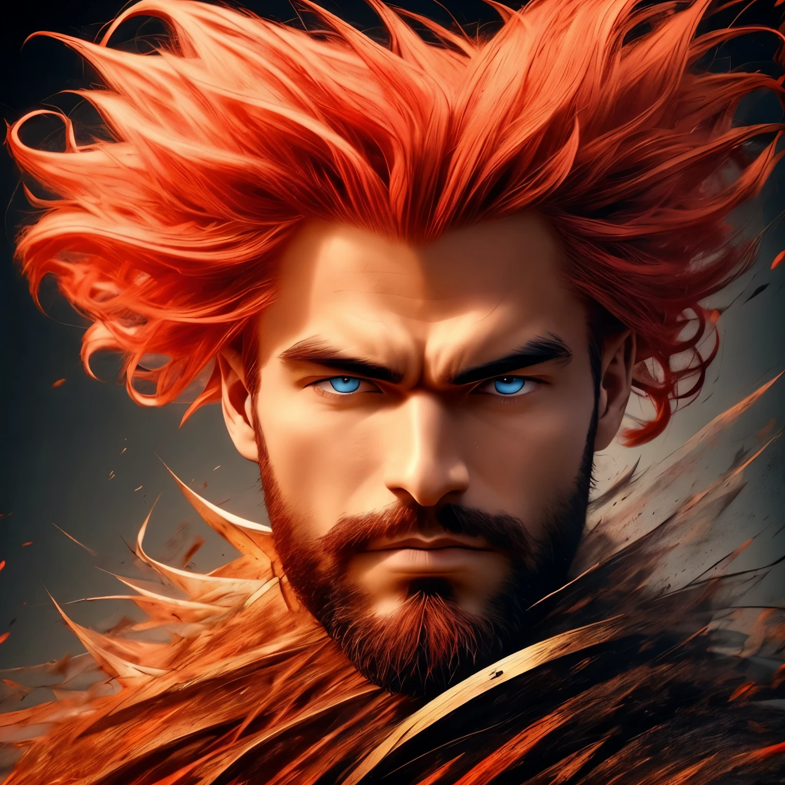 homme aux cheveux blancs, apparence terrifiante, yeux rouges, sur un champ de bataille couvert de sang