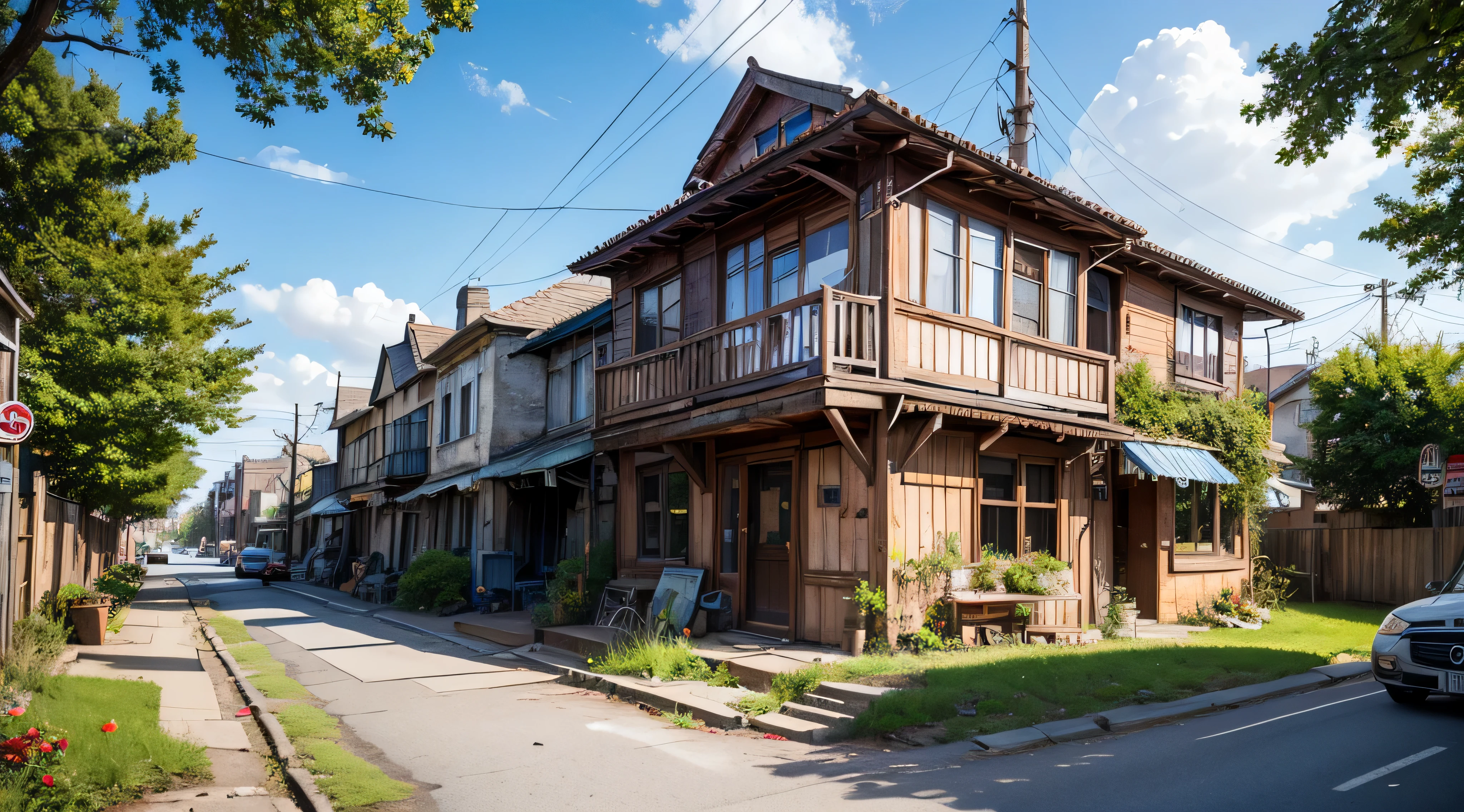 very cozy little place, hyper realism, (anime Makoto Shinkai:0.4), old shabby house in city street, home wiring, outdoors, sky, cloud, day, scenery, tree, blue sky, building, sign, wires, railing, wide shot, utility pole, town, wilderness, flowers, a lot of utensils lying around in a mess