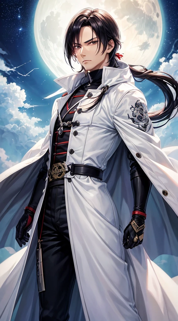 (masutepiece), (Best Quality), (ultra-detailliert), male people、Kouga Saejima、White long coat、The sword、dynamic quality、Moon Night