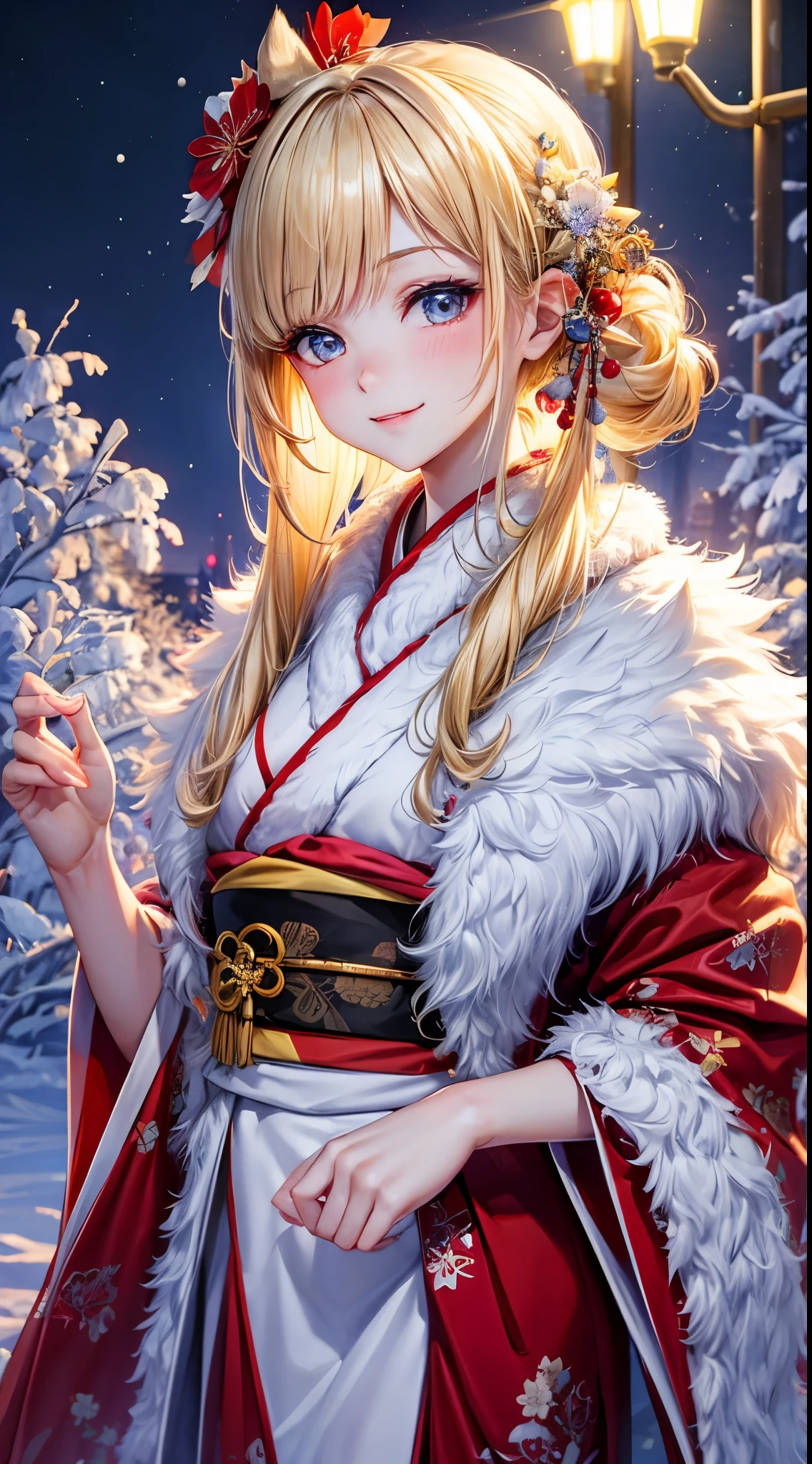 Very detailed CG Unity 8K wallpaper, Cute One Girl, Mature blonde girl, beautiful  Girl, hot maiden, pale skin (Super masterpiece, Beautiful person, well detailed face polluted smile,   flat chest is hidden by kimono、Photorealistic, hyper realisitic), Colorful winter kimono in red and pink colors 、has white fur、 Wearing white gloves,Japanese Style Hair Accessories,  (Light Lighting)、smil,Upper body 、Japanese background of flowers and snow