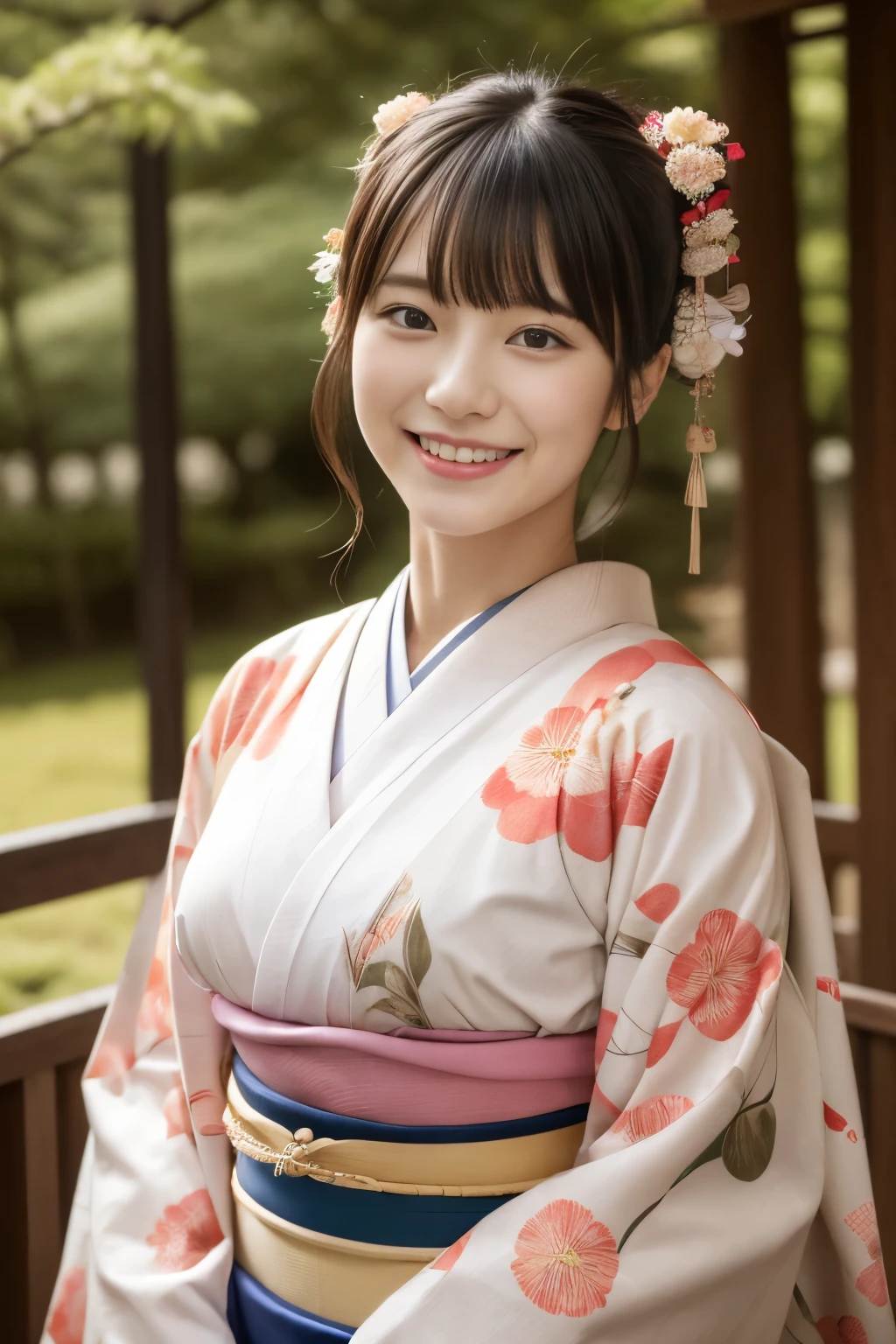 1 beautiful Japan model, 18-year-old female model,  4K、An ultra-high picture quality、bangss、A dark-haired、Kyo-Yuzen、(Kimono, Furisode、Floral pattern in Japanese style:1.5)、(Super cute face in idol style:1.4)、slim and beautiful figure、beutiful breast、A smile、full body Esbian:1.2、January、