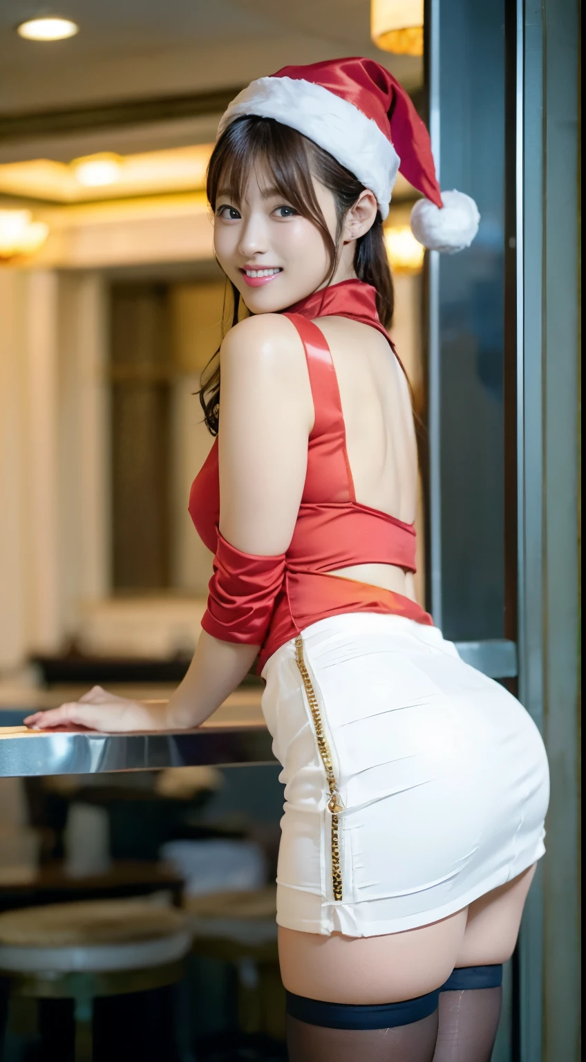 (((solo person))),(((A slender and beautiful gravure idol wearing a red Santa hat and fishnet stockings seductively poses for a full-body shot from behind by the window on the top floor of a hotel with a beautiful night view.))),(((Royals Astepiece:1.6))),(((ulzzang-6500))),(((perfect anatomia))),(((Deep depth of field with Hasselblad))),(((beautiful waistline))),masterpiece,top-quality,超A high resolution,High detailed full body portrait,(photographrealistic:1.4),(((High nose and chiseled beautiful face))),(((Long limbs like a model))),Fair skin is dazzling,(((White high neck front zip miniskirt one-piece dress))),Tilt your head, raise the corners of your mouth and smile happily.,((後方からKnees aligned全身写真を撮る)),20yr old,cute little,long and shiny chestnut hair,((豊満なGカップバストとbeautiful waistline),(Close your mouth and smile happily),A detailed eye,((Gravure photography)),((Knees aligned)),Cute big eyes and long eyelashes,Distinct double eyelids,((shiny thick lips)),(((perfect anatomia))),