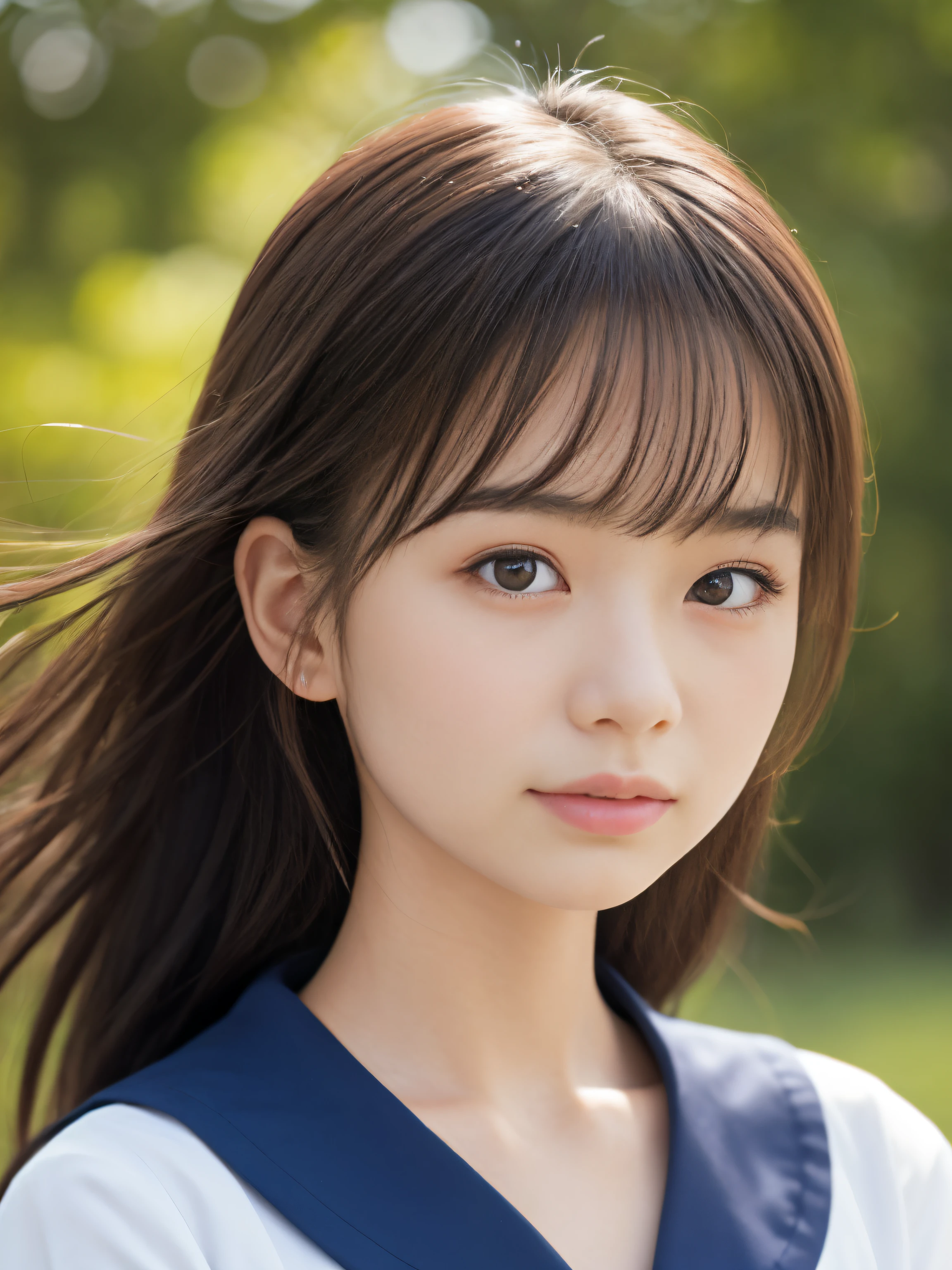 18-year-old schoolgirl in dark blue sailor suit (traditional japanese uniform), Close-up of her face, Beautiful collarbone, Brown hair fluttering in the wind.