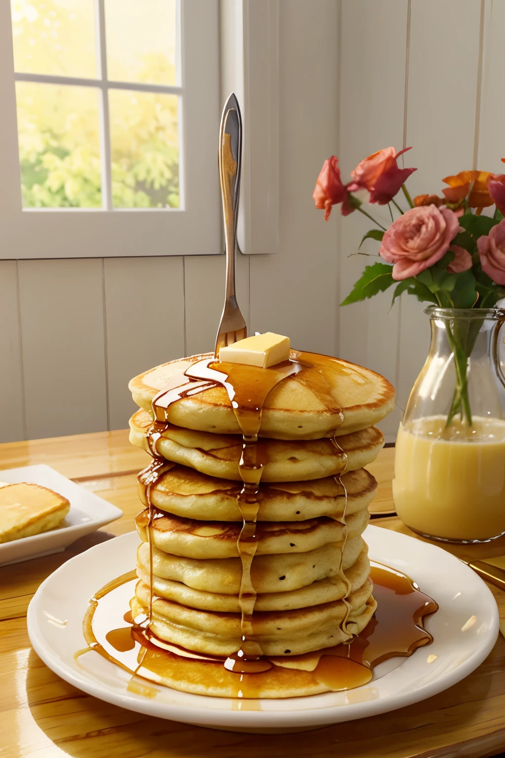 A delicious breakfast of fluffy pancakes stacked high on a plate, drizzled with golden maple syrup and topped with a melting pat of butter, served with a glass of orange juice and a fork and knife, realistic 3D animation