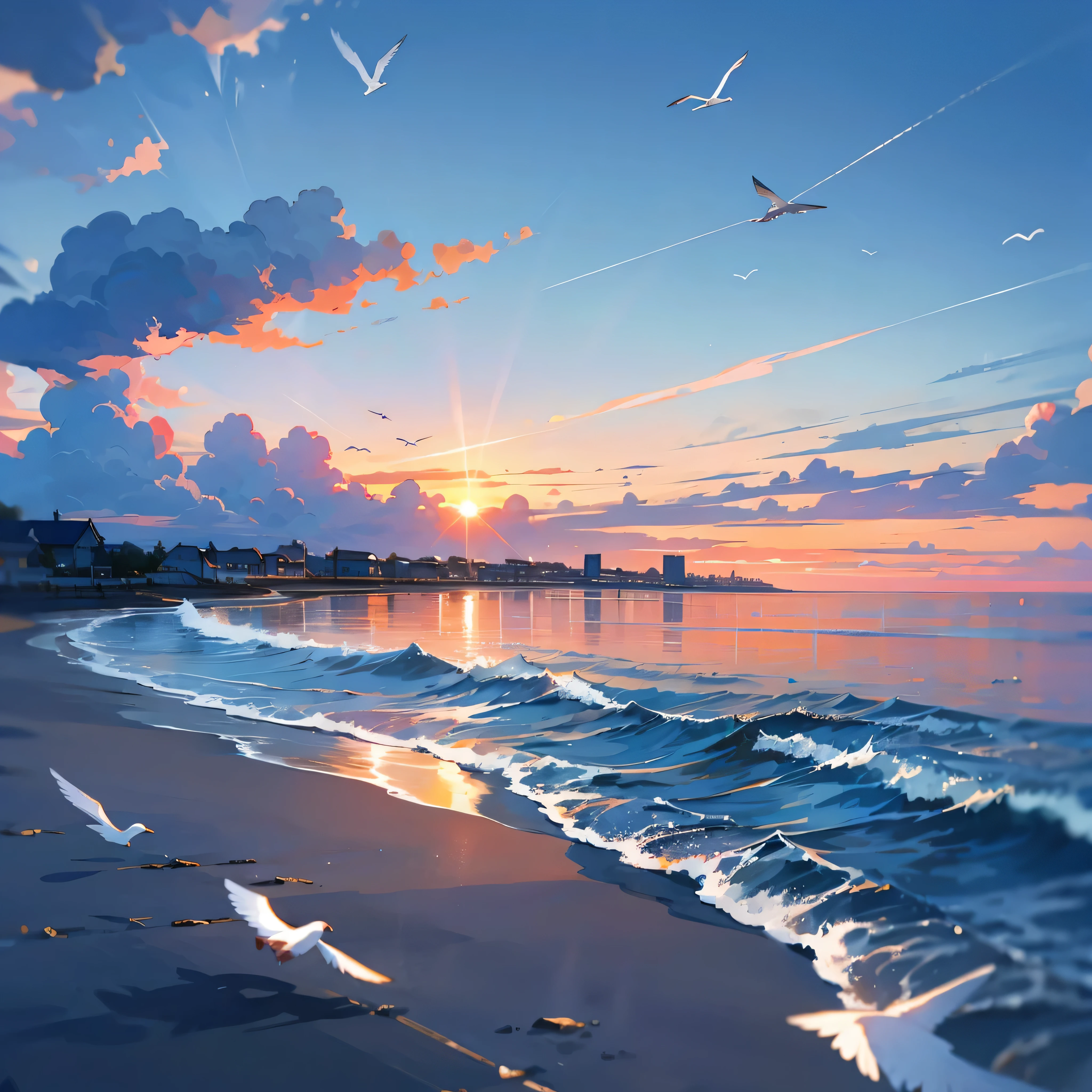Small town by the sea,blue open sky,White clouds float,Seagulls soar,the sunset。
