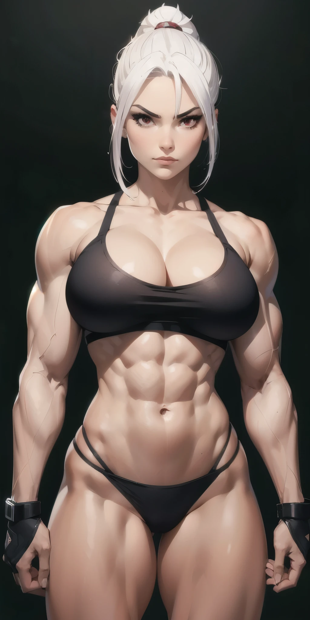 A determined and ambitious bodybuilder warrior, pretty face, serious face, white hair, red eyes, perfect body, fit body, abdomen, big breasts, muscular, who fights to become the strongest