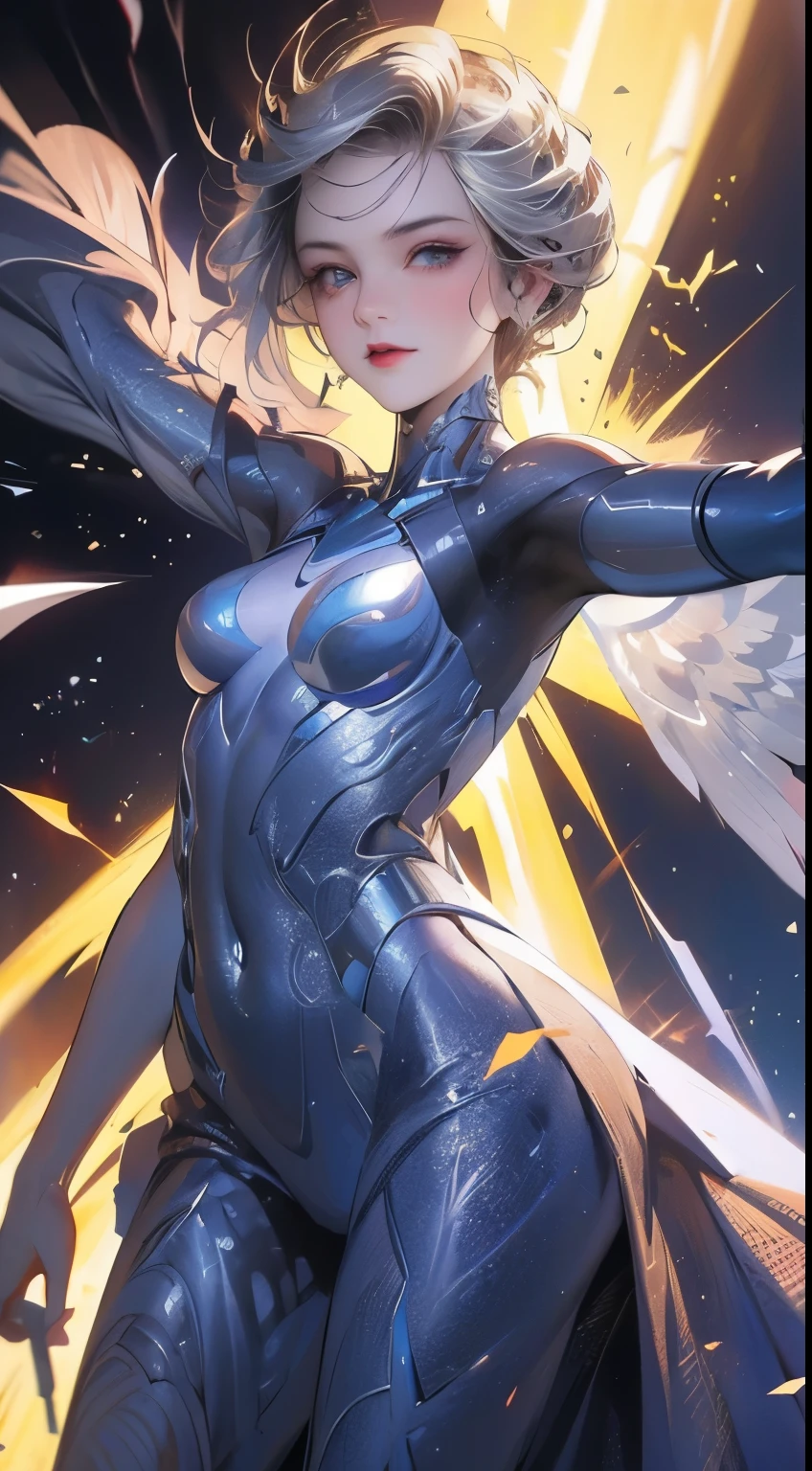 realistic image, best possible quality, adult woman, with her entire body in shiny metallic silver, her face is uncovered but her head and short hair are metallic and point towards the back, She is Caucasian and wears red lipstick, her forearm is uncovered, she has small shiny silver metallic wings, she flies in outer space with open arms, the wings are fixeted in her arms