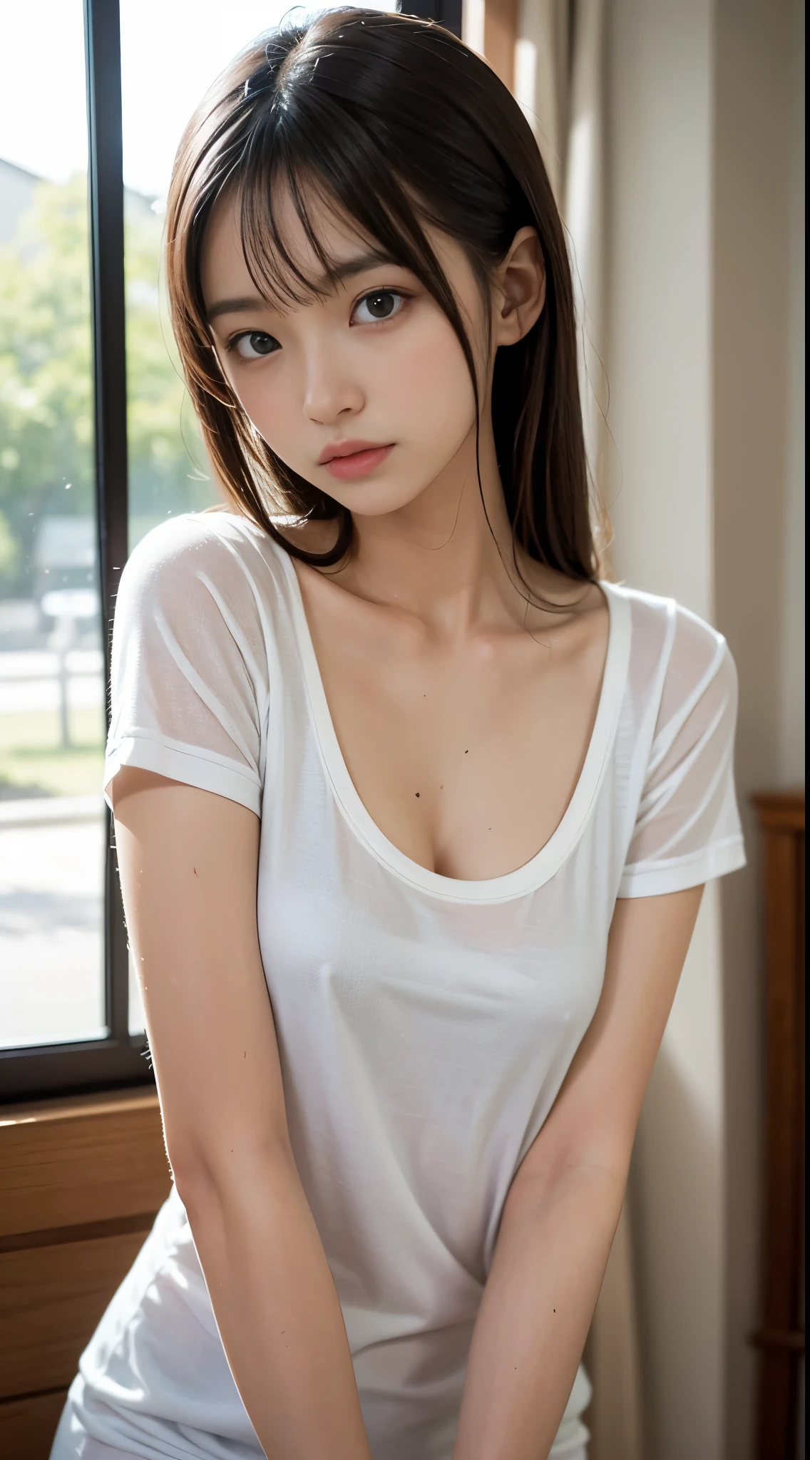 (masutepiece, Best Quality:1.2), 8K, Official art, Raw photo, unbelievable Ridiculous, (Upper body, s Pajamas, ), Beautiful Girl, Idol face, arching back down,, Short sleeve, gardenia, violaceaess, Bedrooms, Looking at Viewer, No makeup, Film grain, chromatic abberation, Sharp Focus, face lights, Dynamic lighting, Cinematic lighting, Detailed face, Bokeh background,