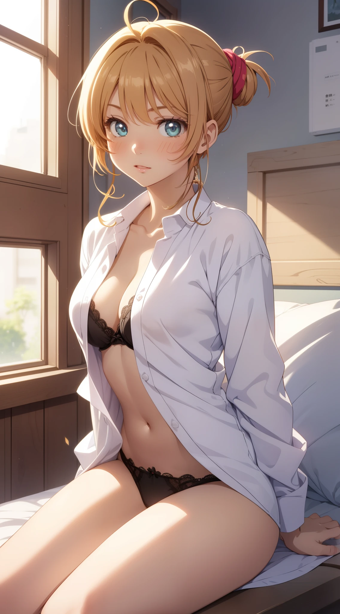 masterpiece, best quality, highres, perfect pixel, depth of field, 1girl, single, solo, beautiful anime girl, beautiful artstyle, (detailed face), (blush), anime CG style, (medium breasts), good lighting, perfect body, lips parted, (sakura kinomoto), glossy lips, (infirmary), open shirt, lace panties, sitting
