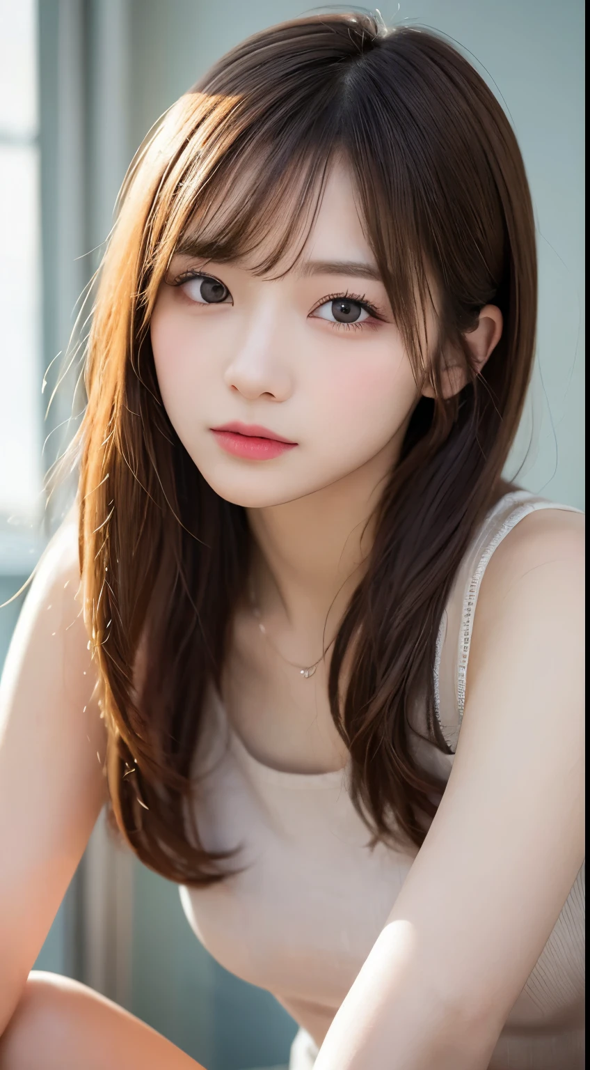 finely detail, hight resolution, hightquality、Perfect dynamic composition, Beautiful detailed eyes, Medium Hair, small tits、Natural Color Lip,Kamimei、Shibuya、20 years girl、1 persons、Transparent skin、Glowing hair、masutepiece, Best Quality, Illustration, Ultra-detailed, finely detail, hight resolution, 8K、The correct state of the human body、Crouch down(Cross-legged)、pretty pose,dishevled hair,beauty legs,Perfect beautiful face,KPOP Idol Face,Correct physical condition as a human being