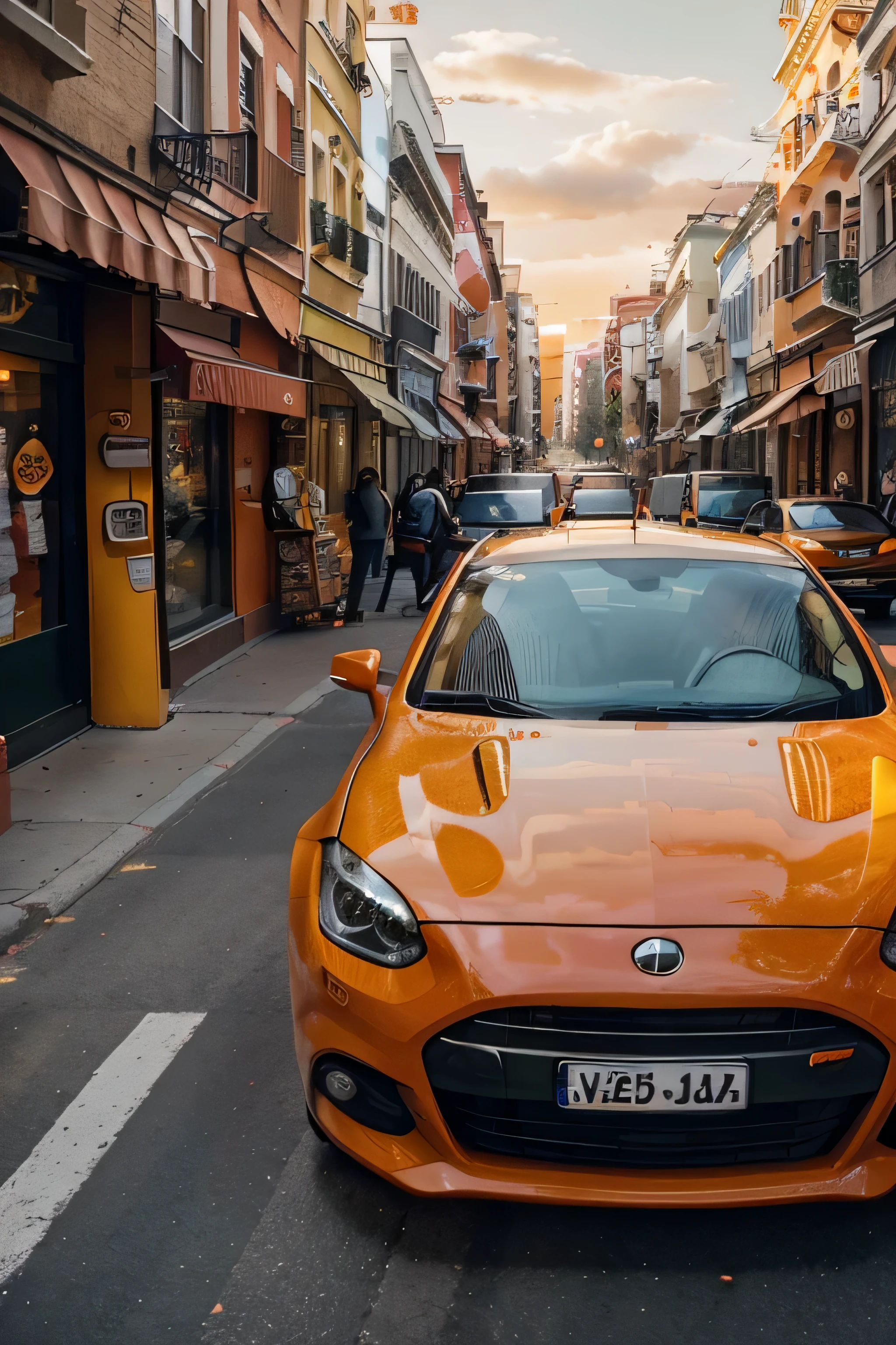 Create an engaging image of a lively shopping street in a vibrant orange tone. Highlight the presence of an orange car with the driver's door open, parked alongside the bustling sidewalk. Infuse the entire scene with warm and energetic hues, emphasizing the essence of a busy urban environment in rich shades of orange