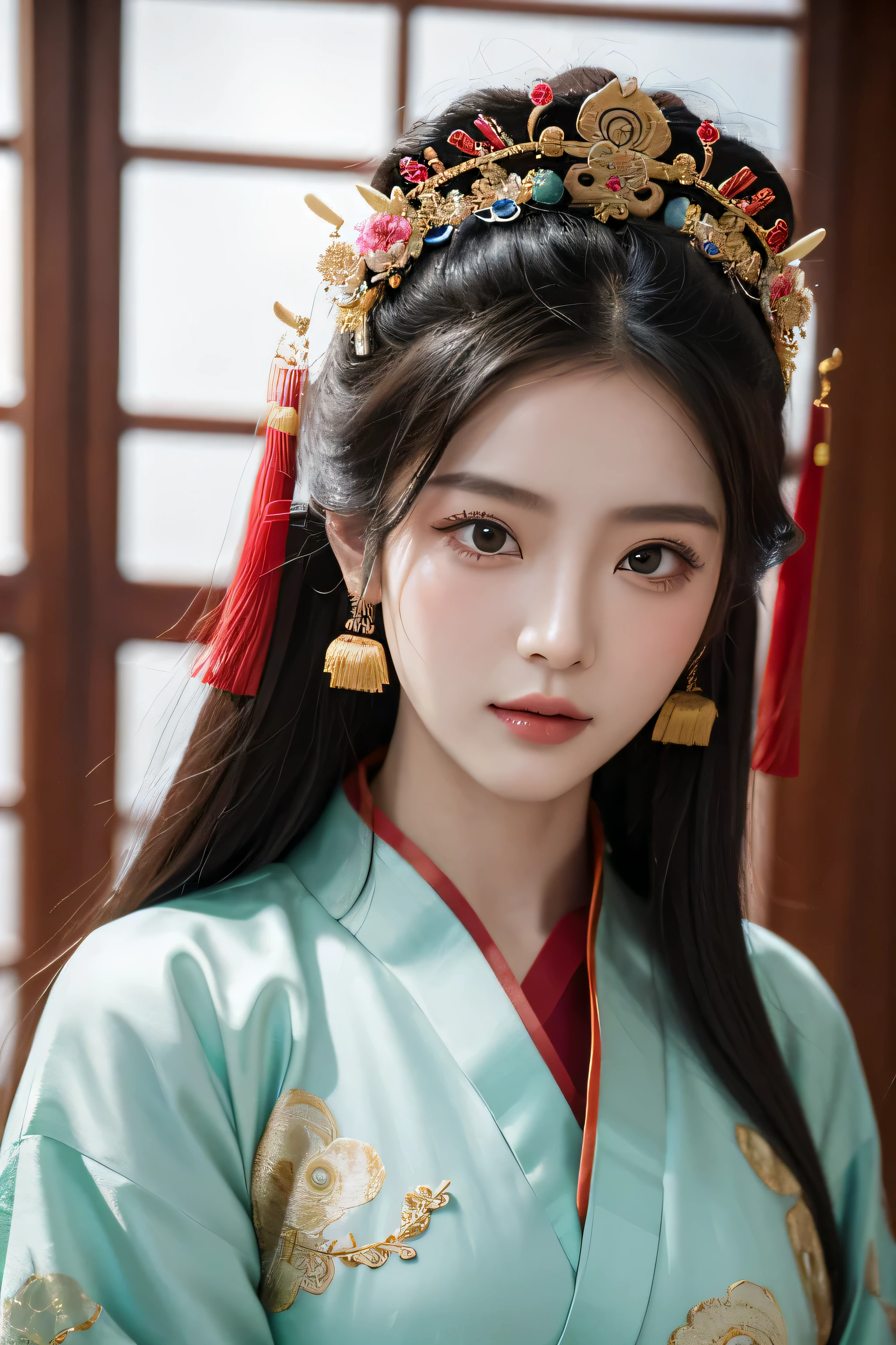 Close-up of woman wearing traditional china idol headdress，palaces，A girl in Hanfu，Princesa chinesa antiga，Wearing ancient china idol costumes，Red wedding dress，China Princess，ancient chinese beauti，Inspired by Qiu Ying，china idol traditional，Inspired by Lan Ying，Traditional beauty，china idol，china idolGirl，Inspired by Guo Xi，china idol woman，Inspired by ancient coins，hyper HD，Details are perfect，The picture is real，extreme picture quality，Perfect character structure，super wide shot，dynamic angle，highest accuracy，8K分辨率，Dark Dark Shadows，8K ，hyper HD，8K HD-ar 9：16 v1 ， frontal photos ，University teacher&#39;don&#39;t stretch out your hand
