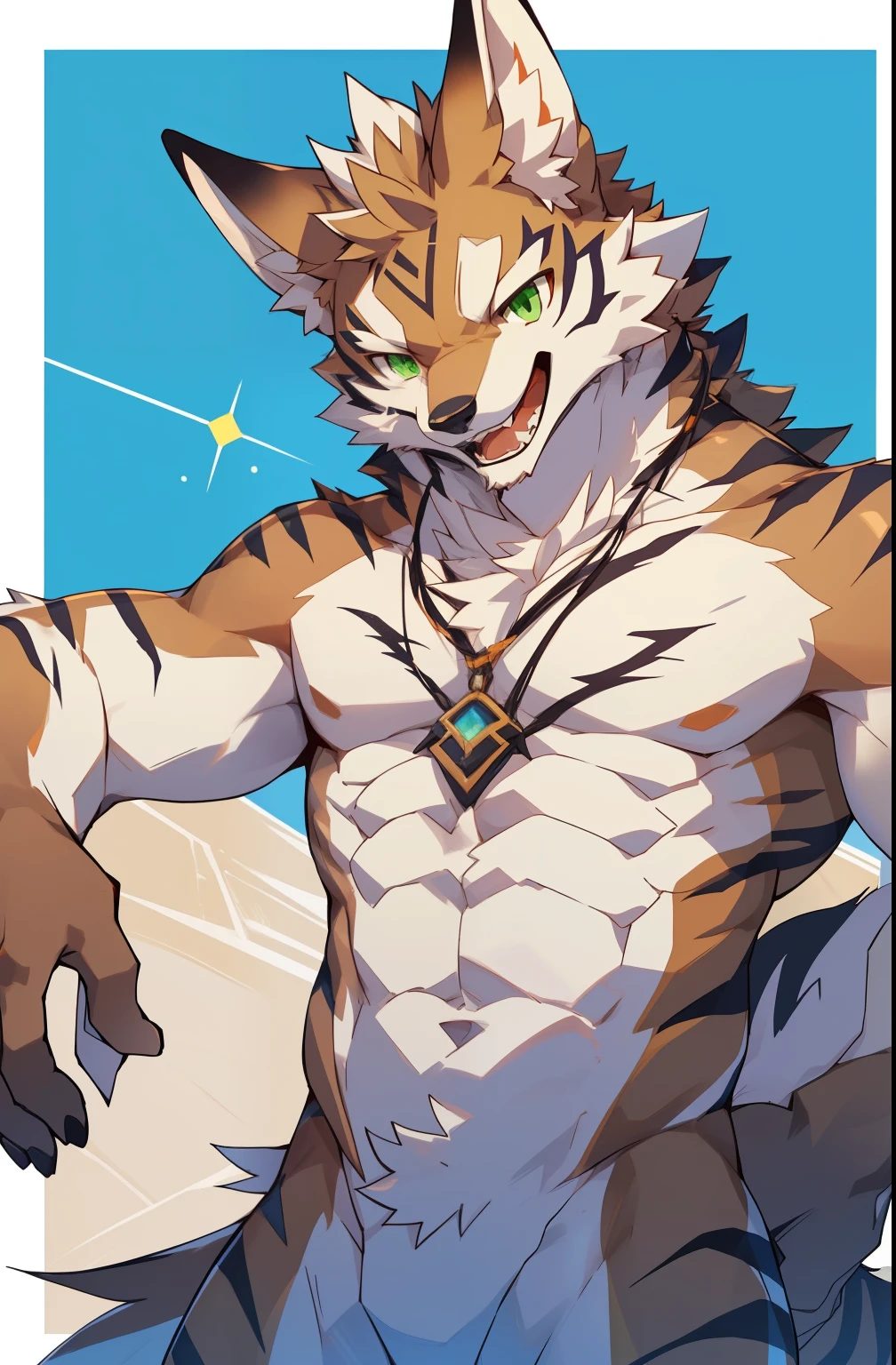 Seto (Tokyo After-School Summoners), Seto(Wandering Longing), Seth (it), Seto, Kazuma Koda, coyote, Green Eye, Grey Body, white body, Brown Body, stripes, stripes 몸체, High Quality, 8K, High image quality, NSFW, R-18, pixiv, shadowy, A composition where the whole body is visible, The right ratio, skiny, Sexy, Muscular, Sexy muscles, naked body, pleasant, laugh