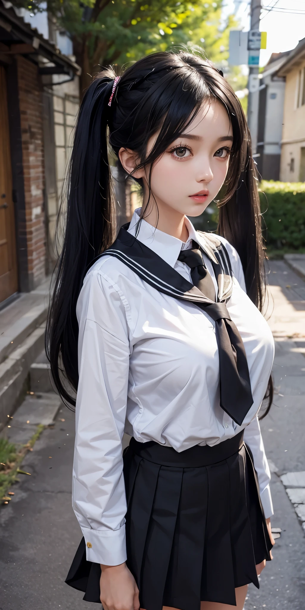 A -yeld hischool girl with long black hair and wearing a school uniform sits while crying.