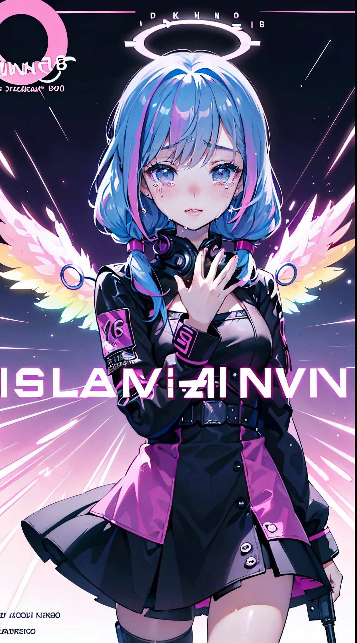 hair bobbles, wince, long eyelashes, solid circle eyes, light smile, ear blush, fang, (rainbow hair), makeup, blush, sad, sad smile, drop shadow, anaglyph, atmospheric perspective, 8k, super detail, accurate, best quality, (cyberpunk), cinematic lighting, masterpiece,1girll, short twintails, Colorful hair, flying, pink bows,((16-year-old female model)),( Stand Neck long sleeve black jacket), mecha, ((dress)), (aquarium), (angel halo), ( wings), (magazine cover), the background is dawn with planets and shooting stars, aurora, beautiful sky, space view, (cowboy shot), ((((text)))), (cover), bold, attention-grabbing, ((title)), stylish, font
