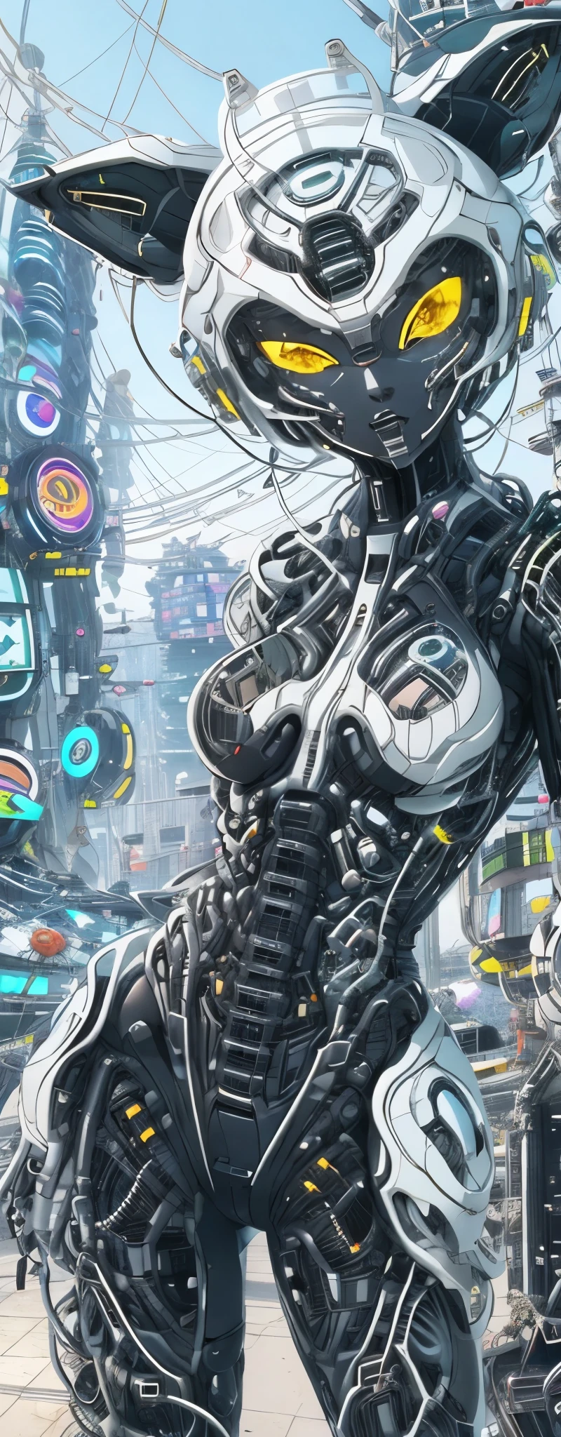 1 Girl, Skin-Tight Body-suite, (Black Body-Suite), Mecha-Cat Ears, ((wearing cybernetic Visor as Eye-Wear)), Gadgets, (bright white utopia city background with lots of Fauna), Japanese scene, fractalized, fractal_body