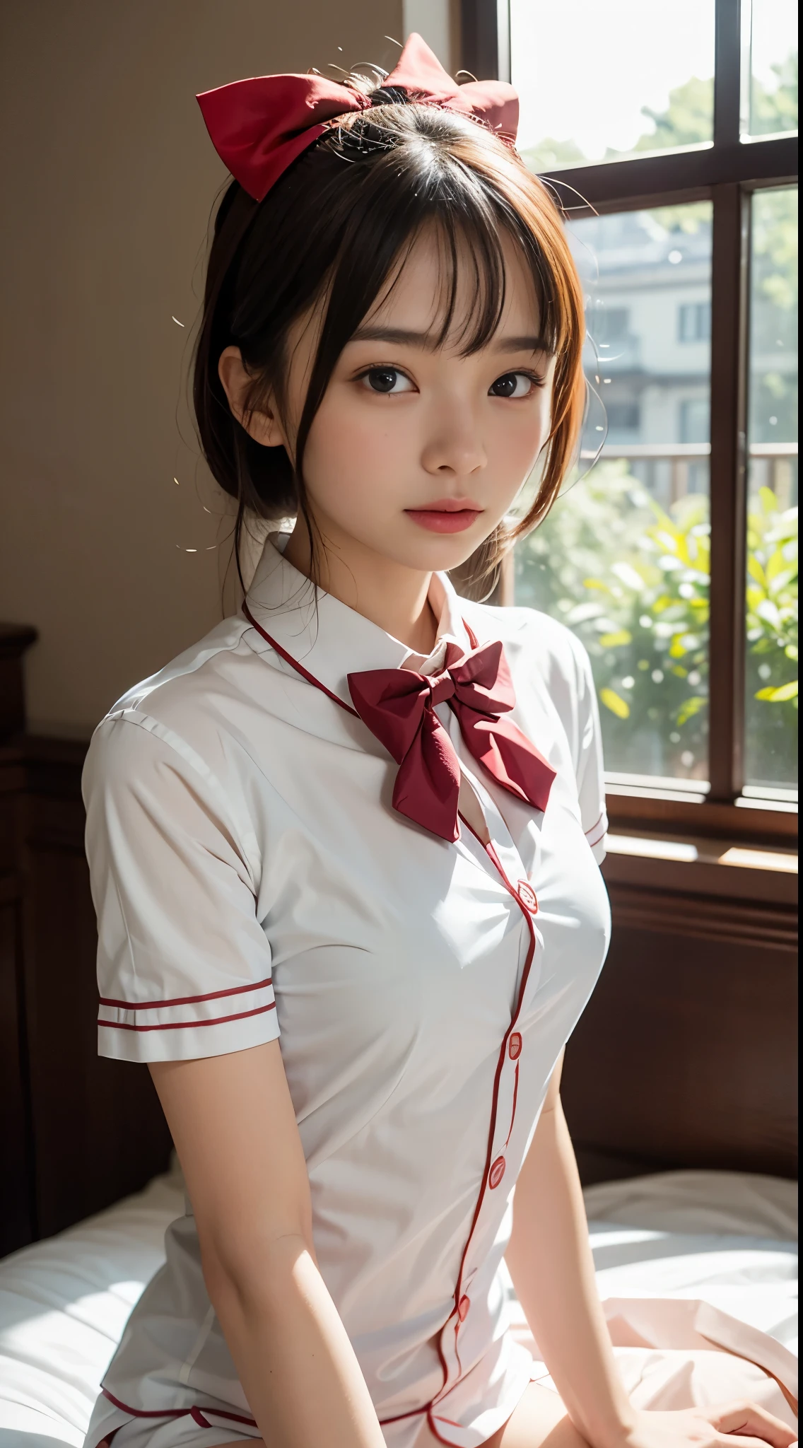 (masutepiece, Best Quality:1.2), 8K, Official art, Raw photo, unbelievable Ridiculous, (Lower body, s Pajamas, ), Beautiful Girl, Idol face, arching back down,, Short sleeve, gardenia, violaceaess, Bedrooms, Looking at Viewer, No makeup, Film grain, chromatic abberation, Sharp Focus, face lights, Dynamic lighting, Cinematic lighting, Detailed face, Bokeh background, (Dark red bow tie:1.3)
