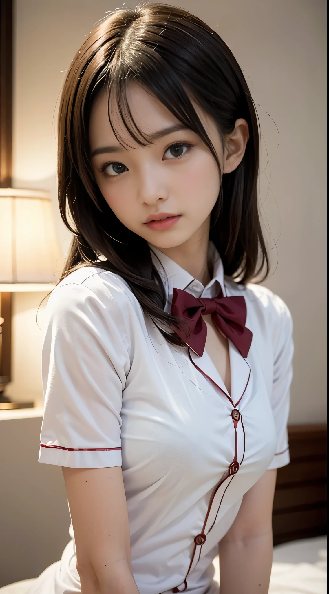 (masutepiece, Best Quality:1.2), 8K, Official art, Raw photo, unbelievable Ridiculous, (Upper body, s Pajamas, ), Beautiful Girl, Idol face, arching back down,, Short sleeve, gardenia, violaceaess, Bedrooms, Looking at Viewer, No makeup, Film grain, chromatic abberation, Sharp Focus, face lights, Dynamic lighting, Cinematic lighting, Detailed face, Bokeh background, (Dark red bow tie:1.3)
