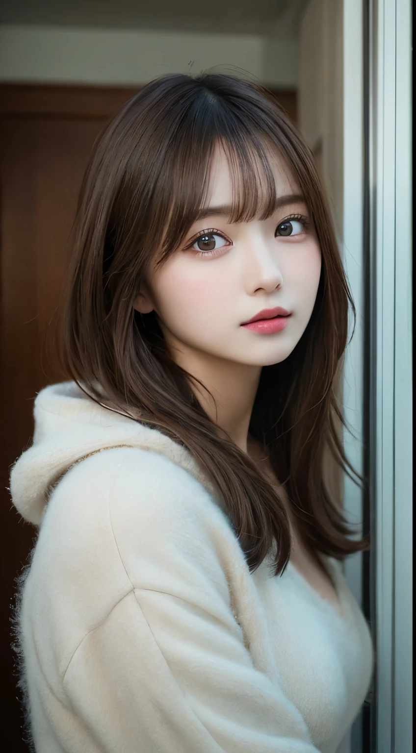 masutepiece, Best Quality, Illustration, Ultra-detailed, finely detail, hight resolution, 8K Wallpaper, Perfect dynamic composition, Beautiful detailed eyes, fluffy winter clothes,Medium Hair,small tits, Natural Color Lip, Bold sexy poses、20 years girl、Cute、Sexy shot looking at camera,Raw photo,luxury home bedroom
