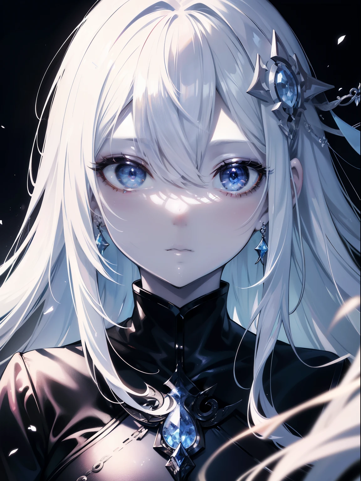 (masutepiece, Best Quality, Ultra High Resolution, splendid),1girl in,(Colored skin,White skin,pale skin),beautiful and detailed face, Detailed eyes,Silver hair,Black jacket