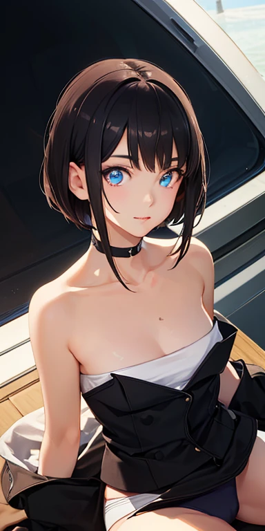 baby face, small breasts, short black hair,pixie cut, (photorealistic:1.4), (masterpiece, sidelights, exquisite beautiful eyes: 1.5), masterpiece*portrait, realistic, 3D face,kawaii face, (glowing eyes:1.5),(tareme:1.5)、 shiny hair, shiny oil skin: 1.5,solo,straddling、spread legs、low rise panties、(shoulder strapless small underwear)、portrait:1.5、