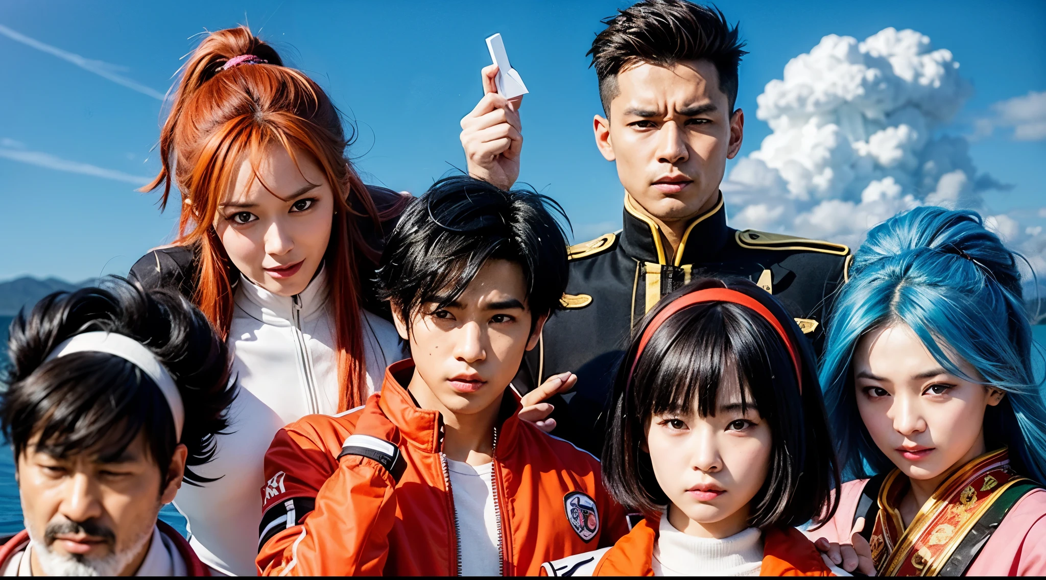 Create an ultra-realistic studio-style movie poster featuring six individuals in an action-packed setting. The first person is an Asian male with black hair, a white band on his forehead, looking to the left. The second is an Asian male with long red hair, an androgynous face, wearing a white suit. The third is an Asian male with slightly spiky black hair, wearing a red jacket, giving a thumbs-up, with a bandage on his face. The fourth is an Asian male with brown hair, wearing a blue jacket, smiling broadly. The fifth is an Asian woman with brown hair, in a white and orange shirt. Lastly, an Asian woman with blue hair dressed in a green and pink jacket. The setting should have a dynamic and vibrant background that complements the action theme.