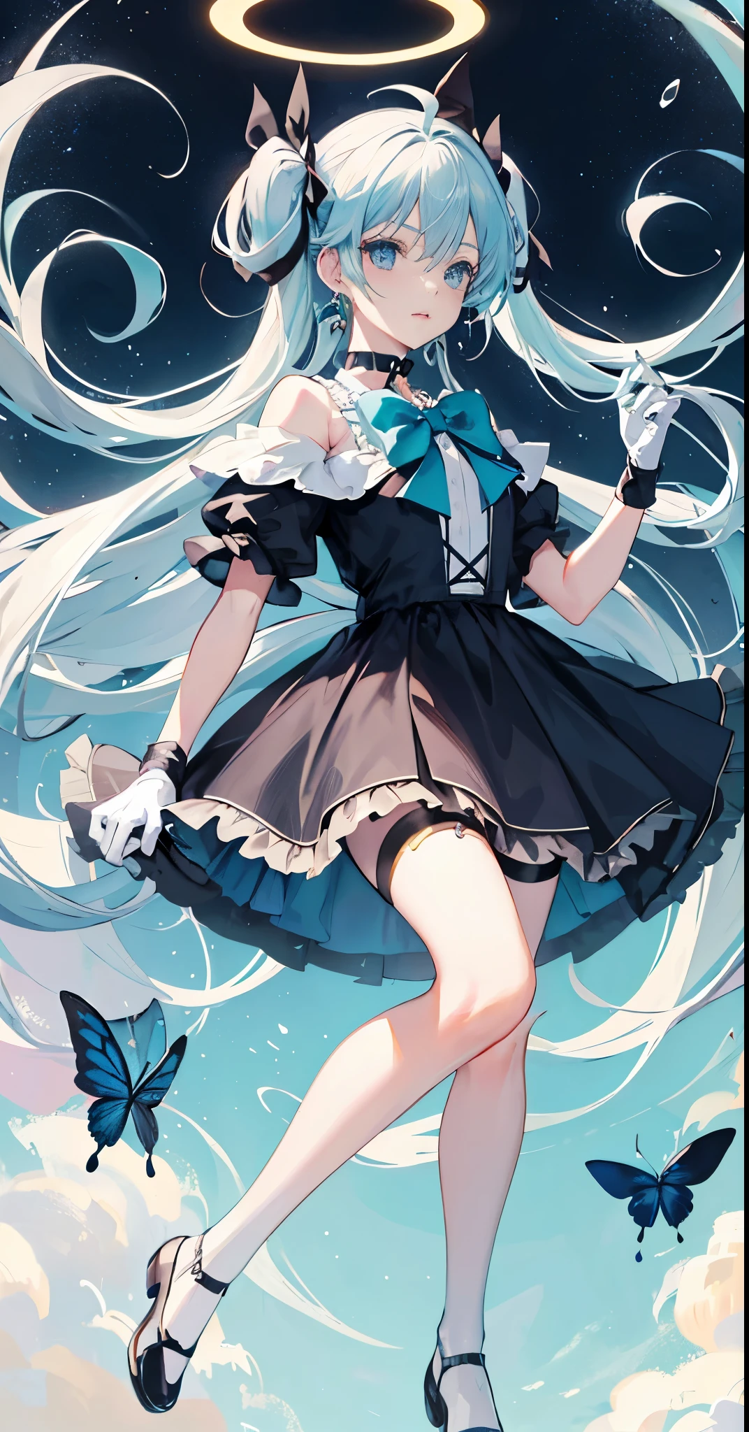 demon tail, butterfly, bug, 1girl in, Long hair, wristbands, shoes, Hatsune Miku, Shirt, Choker, Black legwear, aqua hair, bike Shorts, Solo, blue butterfly, Twin-tailed, black Choker, 手链, Full body, black bow ribbon, very Long hair, Tail ornament, Jewelry, black Bow, hair between eye, Ahoge, white Shirt, earrings, greybackground, Standing, Jacket, Shorts, 鎖骨, off shoulders, Short sleeves, bow ribbon, Black footwear, aqua eyes, gradient, Bow, sox, view viewer halo, Wings, Lips, Blue eyes, medium breasts, White hair, Striped blue hair, Round face, Black Gloves, Closed mouth, Starry Night, bubble nebula, Lace Long Dress, Small breasts, flat chest, Flowers. White Gloves，delicate legs