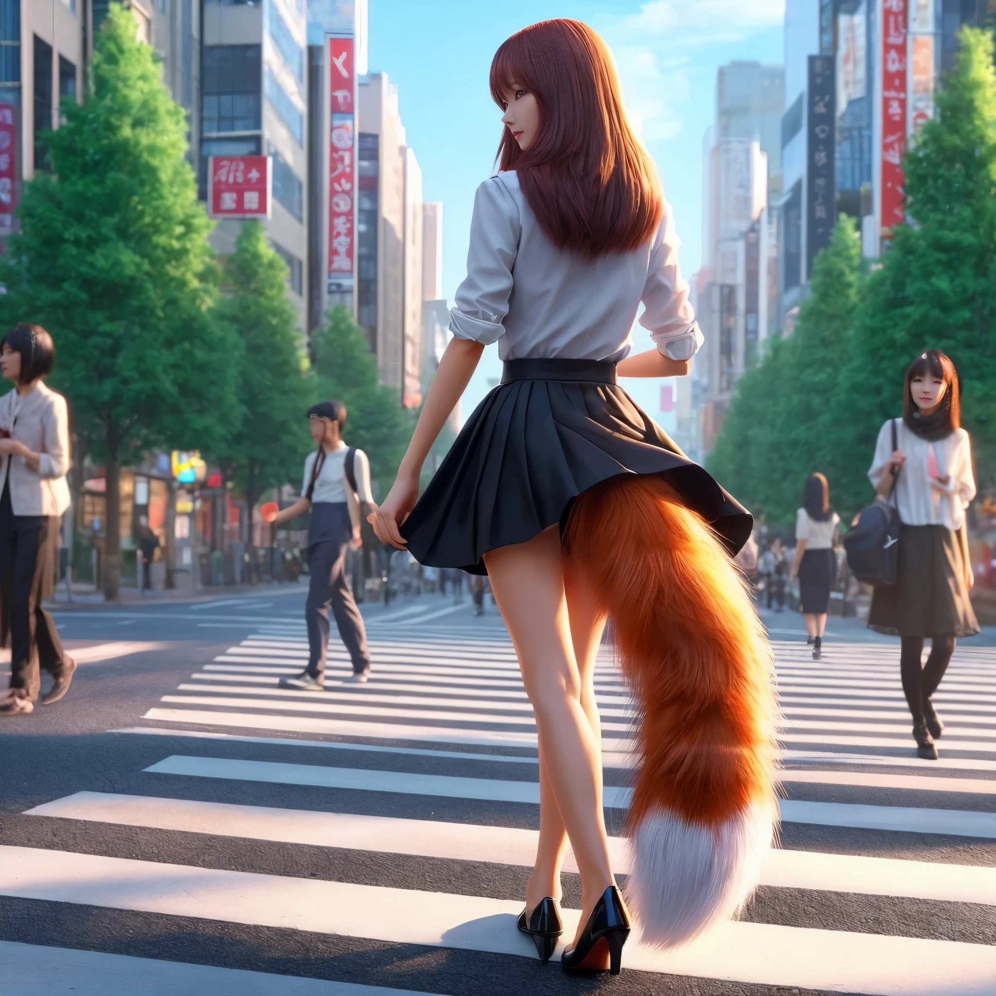 people on city streets々A woman with a fox tail crosses the road with, Fox tail, foxgirl, Furry tail, female furry mini cute style, very very beautiful furry art, fluffy tail, a picture, top-quality, tail