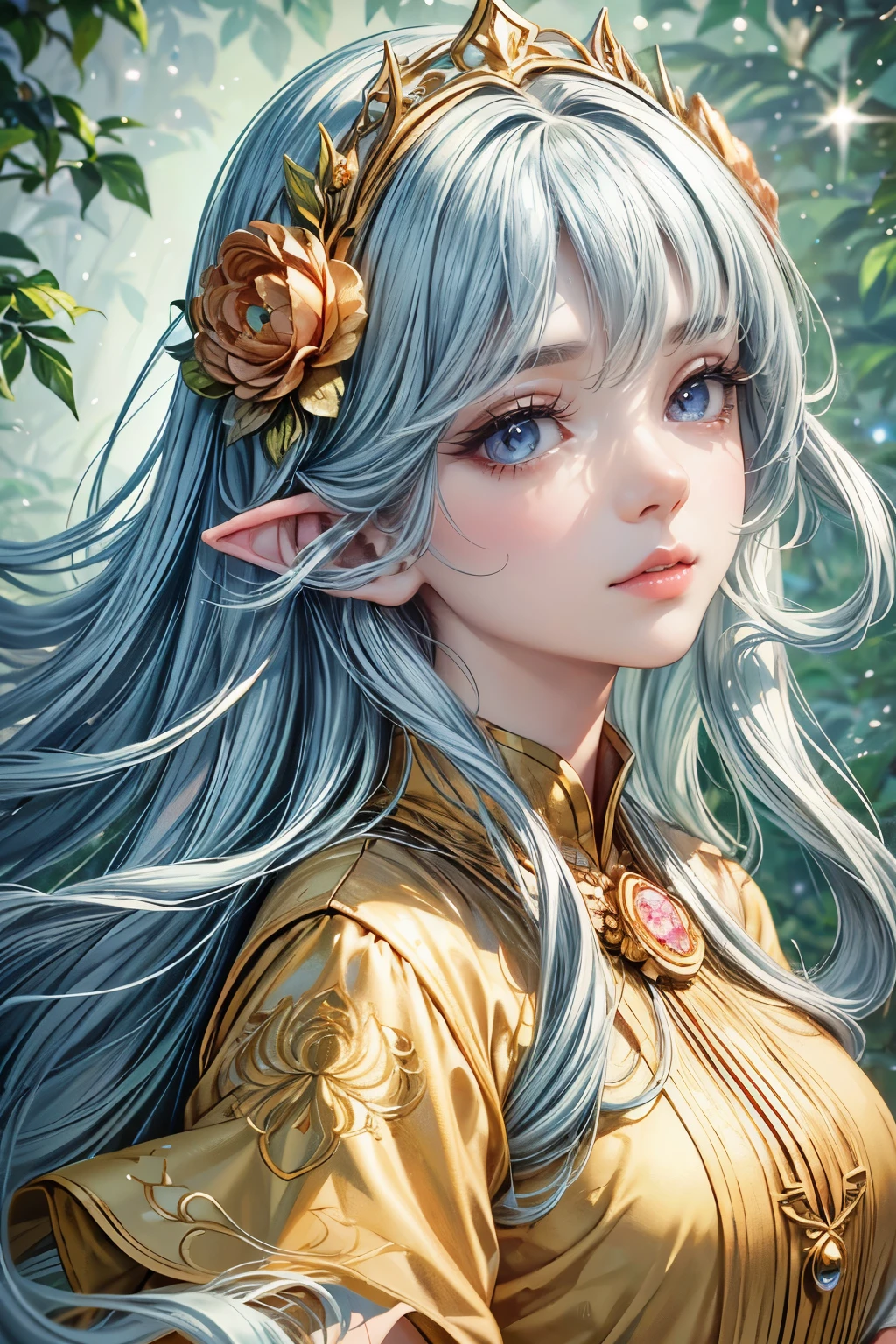 (best quality,8K,CG),detailed upper body,solitary girl,floral forest background,complex facial features,elegant long curly hair,almond-shaped big eyes,detailed eye makeup,long eyelashes,twinkling stars,exquisite lip details,soft and harmonious style.