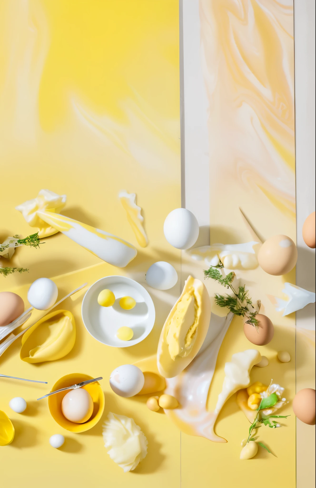 On the warm table are blenders, eggs, dough, egg whites, marbling, warm yellow background, reality, photo realism, realism, high definition, high definition aesthetics, immersive details
