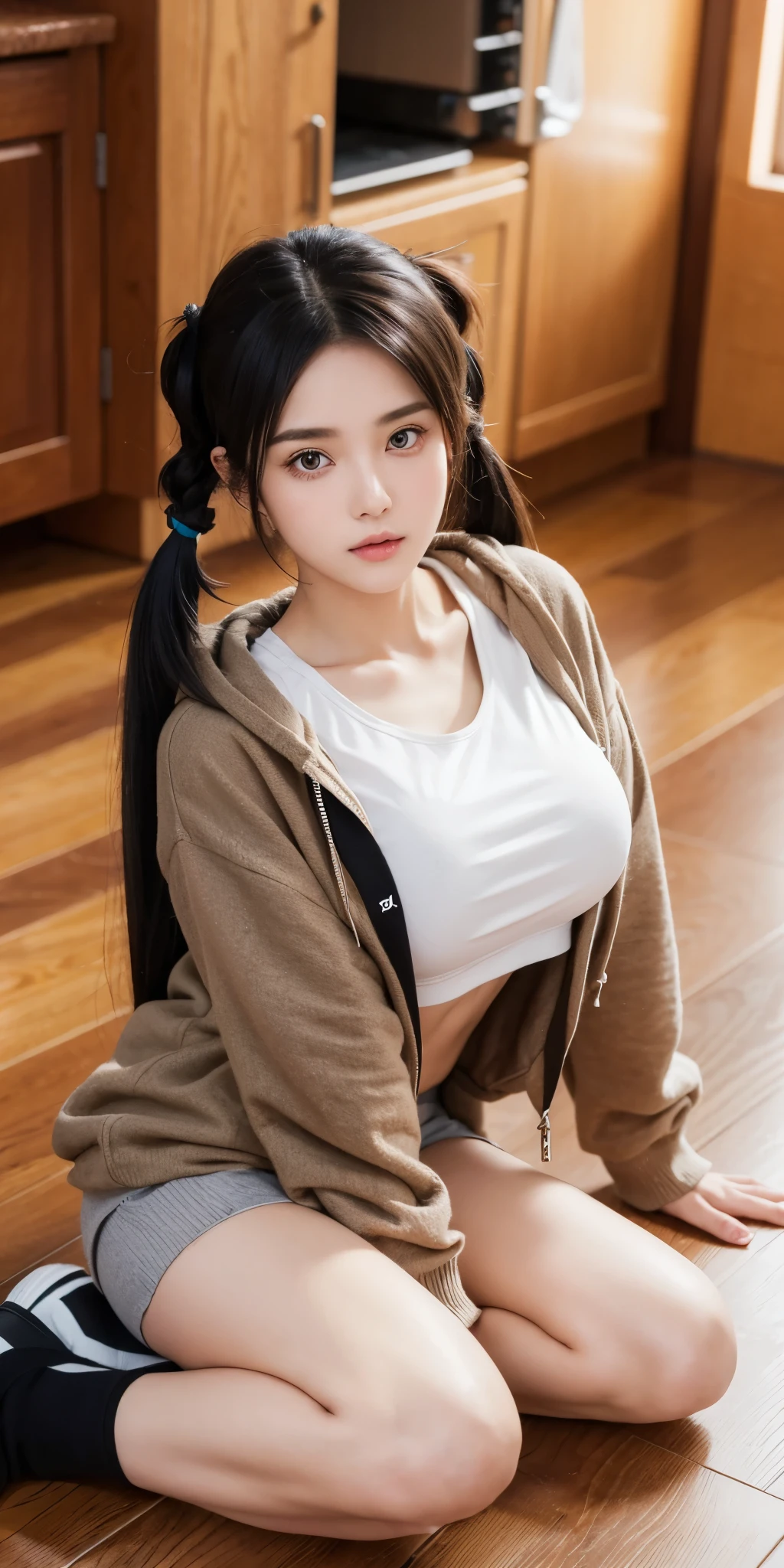 1girl,big breast, black hair,low twintail, brown hoodie,sitting a floor , high quality, ultra detailed, masterpiece, realistic