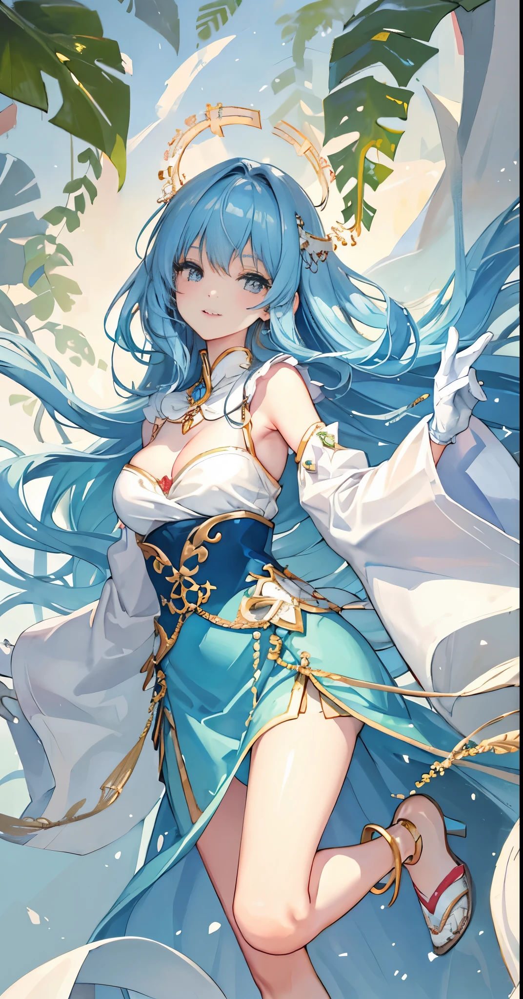 watercolor paiting, 1girll, bare-legged, Long whit hair,delicate legs,White Gloves,ssmile,big breasts enchanting, 独奏, anklets, hair adornments, jewely, Separate sleeves, lightblue hair.