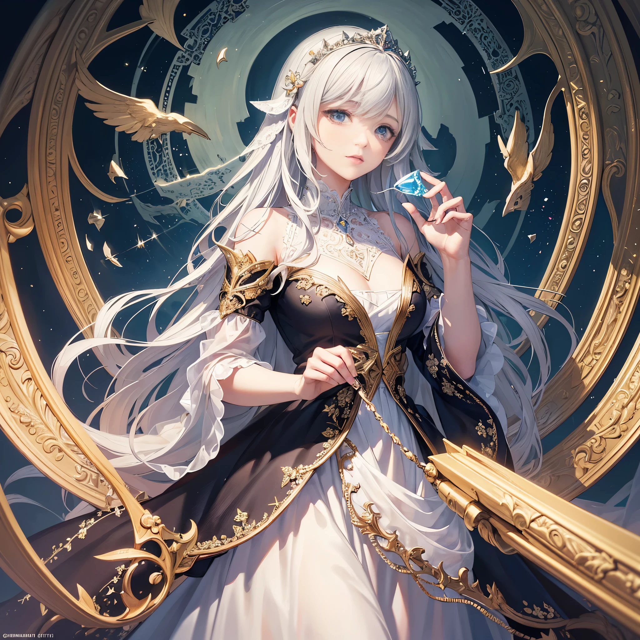 (Masterpiece), ((Highest Quality)),(Official Art),Beautiful Indulgence:1.3),(Dress),(1 Girl: 1.3), A beautiful witch wearing a dress with a detailed and delicate design, sealed in a crystal, and a large tree that grows by taking in the sealed crystal. It shines faintly in the light of the midnight moon. Detailed drawing. Bright colors. Colorful, best detailed ((super detailed)), (highly detailed 2D illustration), ((very delicate and beautiful))