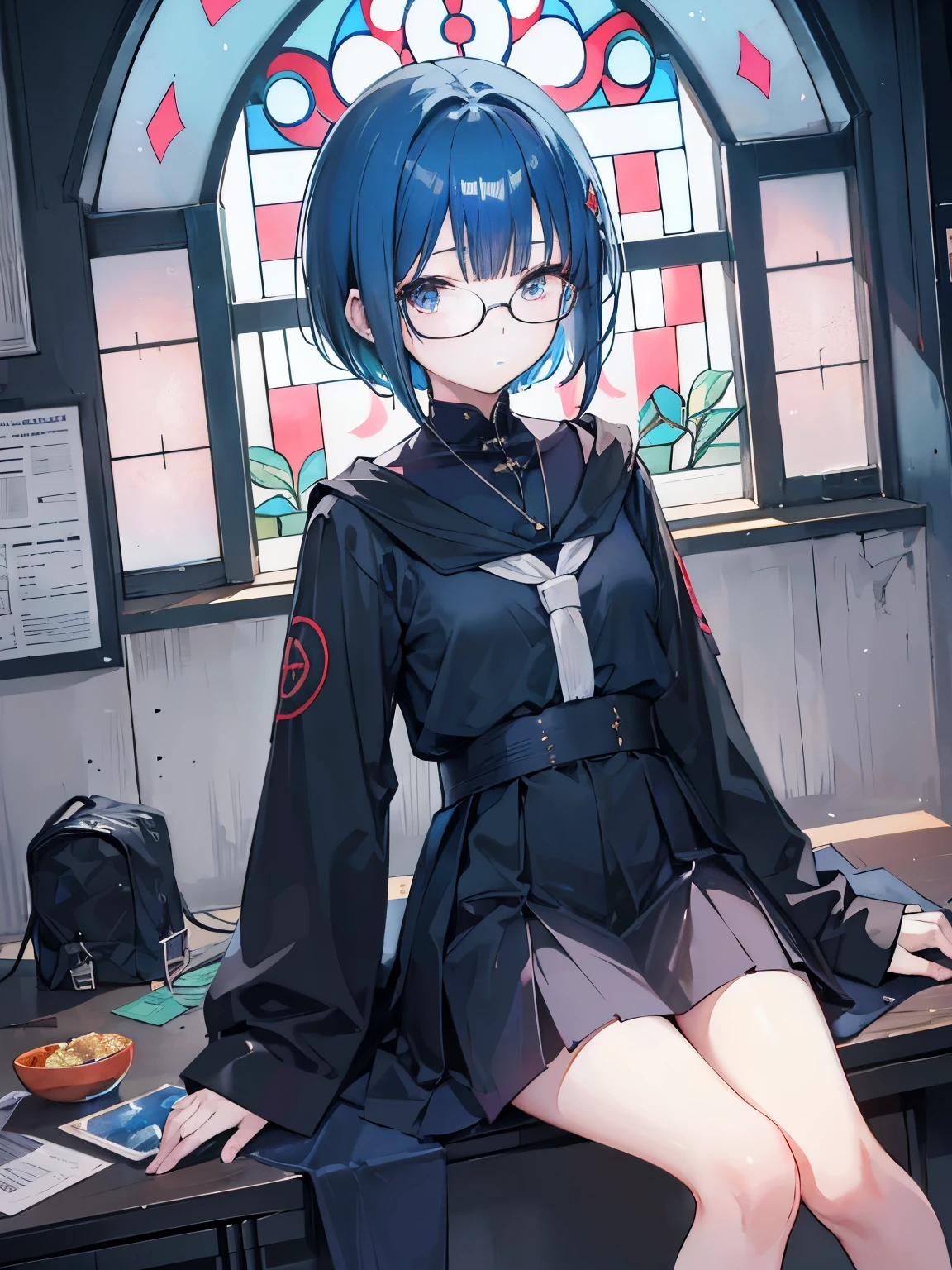 1girl in,teens girl,小柄,small tits,Blue hair,short-haired,straight haired,Okappa,deadpan,Schools,ultrasharp, 8K, masutepiece,eye glasses,Cultivated woman,Black monastic vestments,chies,stain glass,hoods