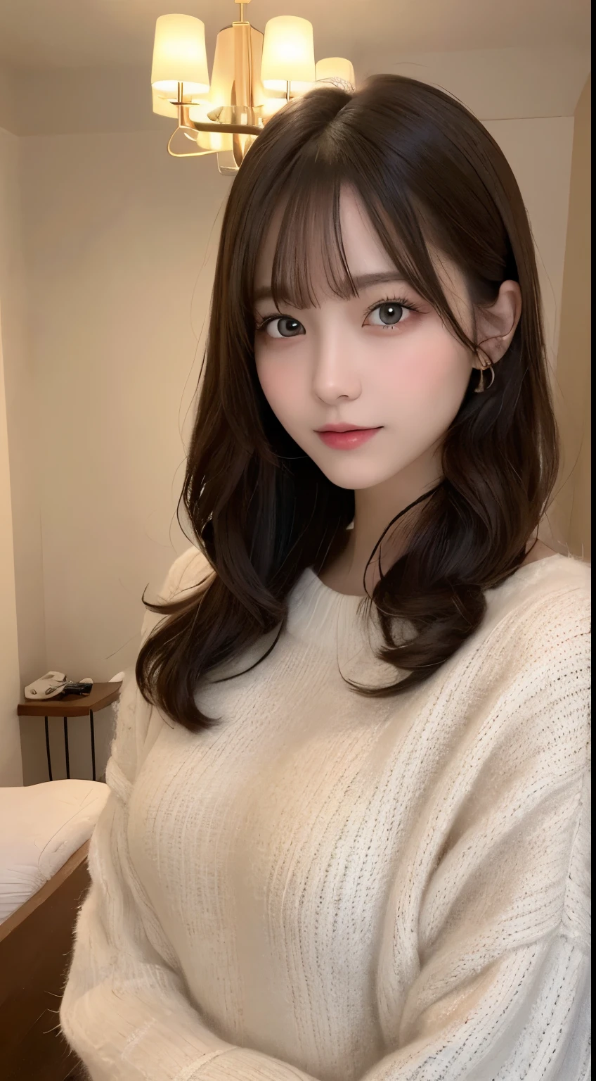 masutepiece, Best Quality, Illustration, Ultra-detailed, finely detail, hight resolution, 8K Wallpaper, Perfect dynamic composition, Beautiful detailed eyes, fluffy winter clothes,Medium Hair,small tits, Natural Color Lip、20 years girl、Cute、is looking at the camera,Raw photo,luxury home bedroom,Big eyes,ssmile