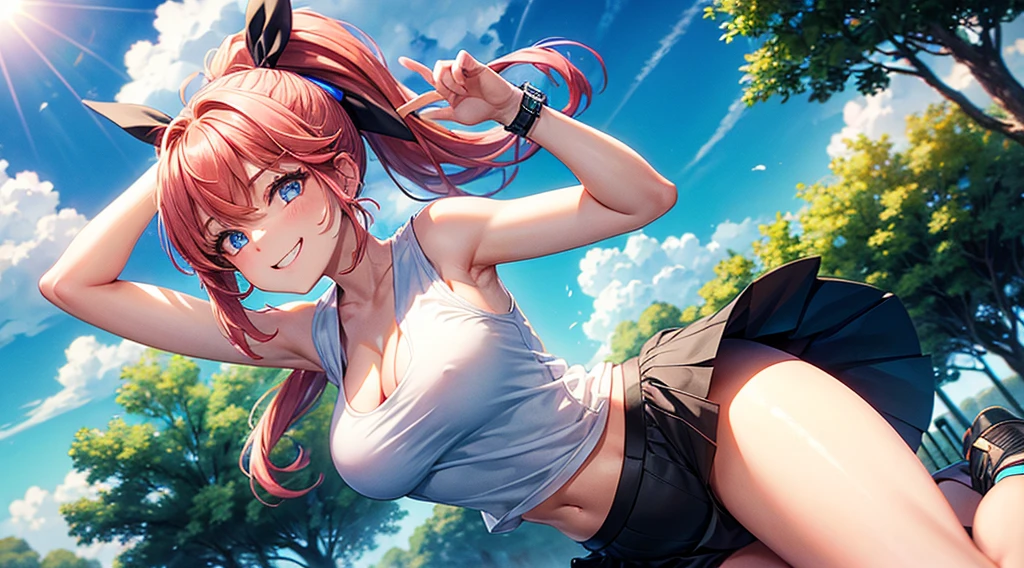 1girl, solo, village, trees, sun, clouds, ((colorful hair)), ponytail, large breasts, ((white sleeveless T-shirt)), cleavage, blue eyes, black skirt, grin, looking at the viewer, ((standng)), hair ribbon, ice cream, wrist watch, sport shoe