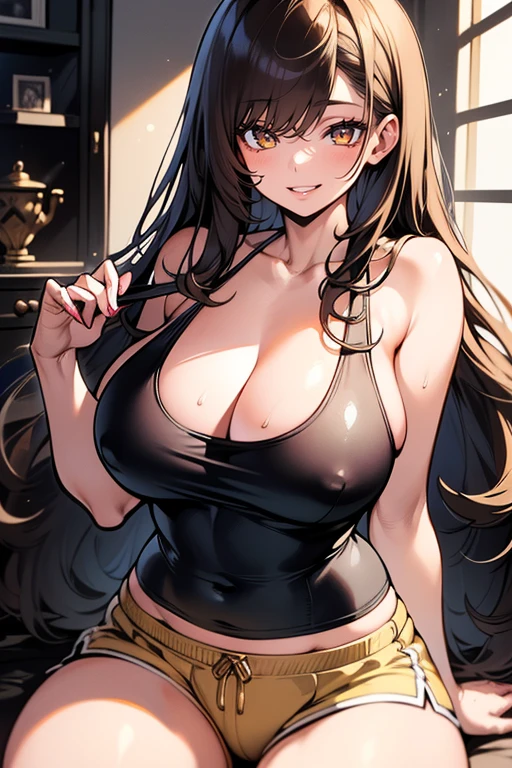 (masterpiece), best quality, Detailed, Ultra-Detailed, Digital Art, Detailed Face, (Hyper-Detailed Eyes:1.2), (Absurdres:1.2), (Realism:1.2), (Realisitc:1.2), expressive eyes, perfect face, massive breasts, very curvy, long brown hair, yellow eyes, gyaru, full lips, seductive, smiling, at home, (tank top: 1.1), (hotpants: 1.2), cleavage, at home, massive breasts, wide hips, sweating, 1 female, sitting down, sexy, facing the viewer, (INFP: 1.3)