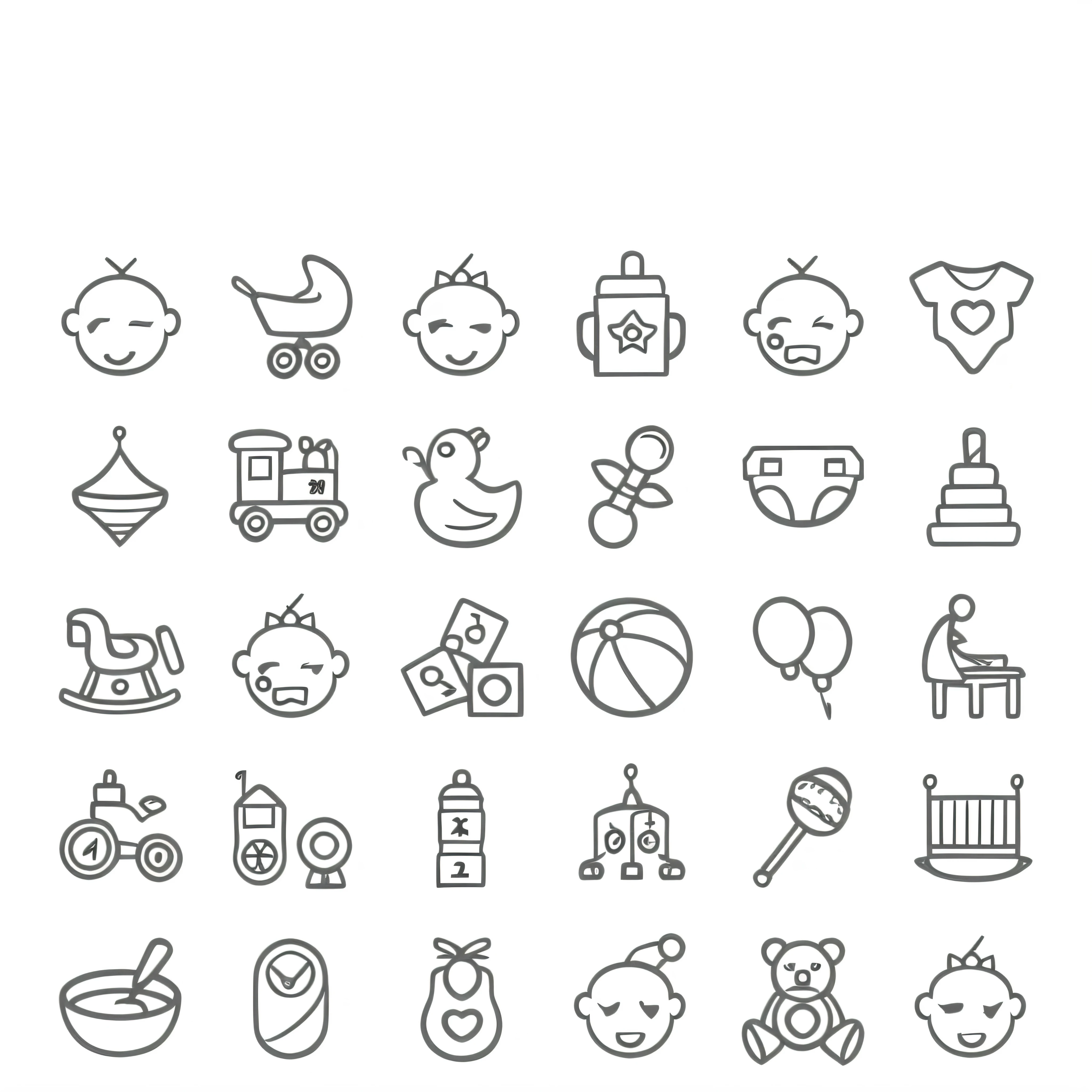a set of baby related icons including toys, toys and other items, icons, clean black outlines, symbols, 1024x1024, 3 2 x 3 2, 1 6 x 1 6, black outlines, pictogram, clipart icon, symbol, icon pattern, status icons, icon style, icon black and white, simplistic iconography