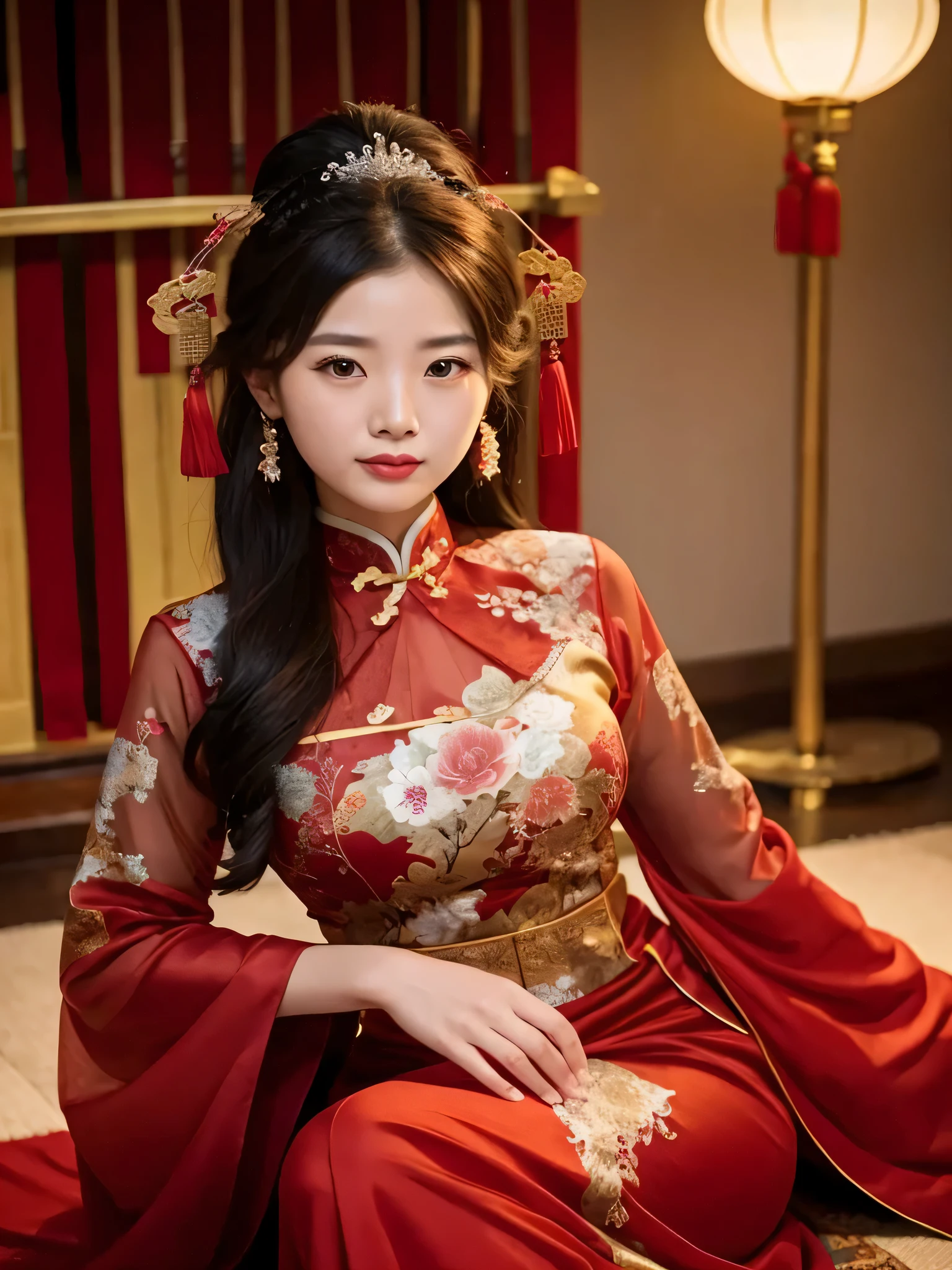 Close-up of a woman in a red dress sitting on the floor, On the cheongsam, chineseidol traditional clothing, chineseidol, wearing a red On the cheongsam, On the cheongsam, chineseidol traditional, Wearing ancient chineseidol clothes, chineseidol outfit, Match with ancient chineseidol costumes, Hanfu, Traditional beauty, 宮 ， A girl in Hanfu, China Princess, chineseidolGirl, chineseidol woman