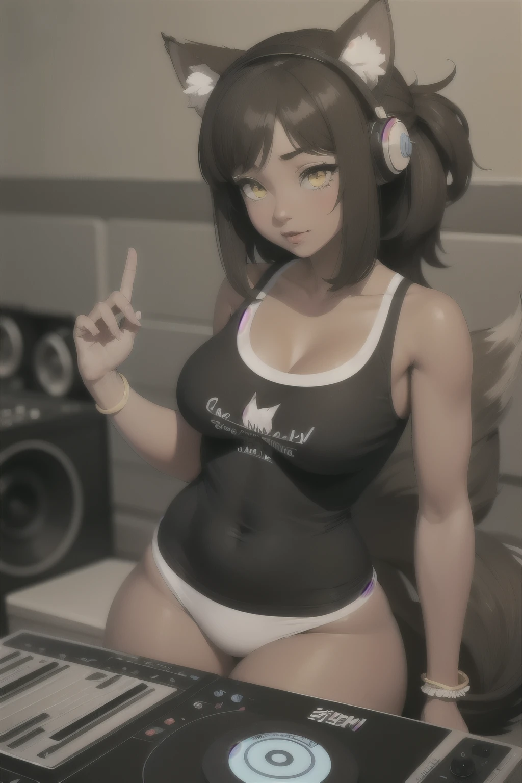 wolf girl, dark tan skin, brown hair, yellow eyes, fluffy brown tail, brown wolf ears, as a dj