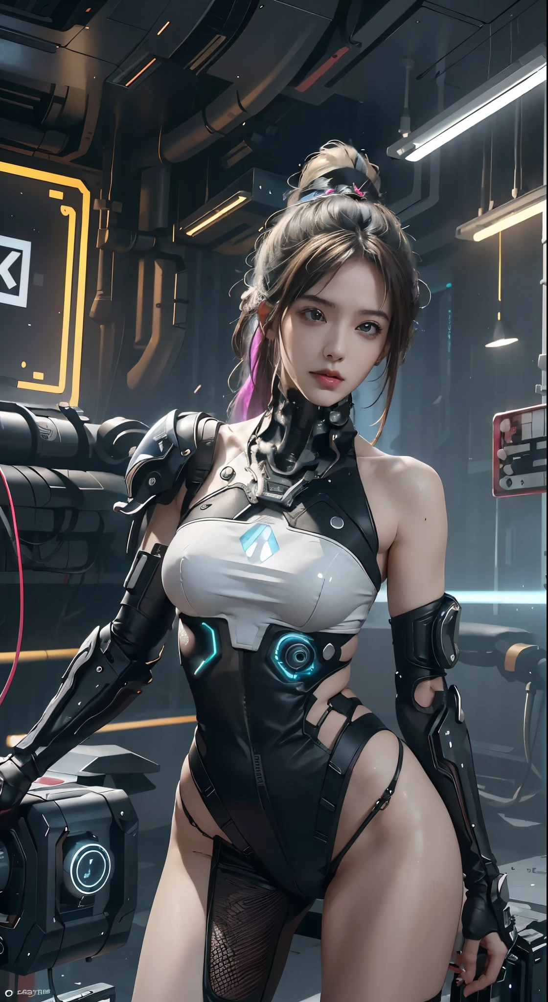 Best quality at best)), ((tmasterpiece)), (The is very detailed:1.3), 3D, The beautiful (cyber punk perssonage:1.3)), 1 girl, full bodyesbian, White ponytail hairstyle, Bigchest, long slim figure, slender hip, Bigchests, Side looking posture, Bottom corner, Dressed in full ((重型cyber punk perssonage装甲)) 带有neonlight装饰, (Head mounted display fiber optic cable, company logo, scientific fiction, Night cyber punk perssonage city background, gantz, In the Style of cyber punk perssonage 2077, hyperrealistic photo, tmasterpiece, Best quality at best, CG, the wallpaper, HighDynamicRange, high qulity, k hd, The is very detailed, {beautiful detailed face}, {美丽细致的眼睛}, (detailedlight){{Complicated details}}, {A high resolution}, ((详细的脸)), neonlight, lightand shade contrast, Key points, Complicated details, The is very detailed, Thrilling, A vibrant, Cinematic, Low ISO, White balance, the rule of thirds, largeaperture, 8K original, High efficiency sub-pixel, sub-pixel convolution, Luminous Particle,