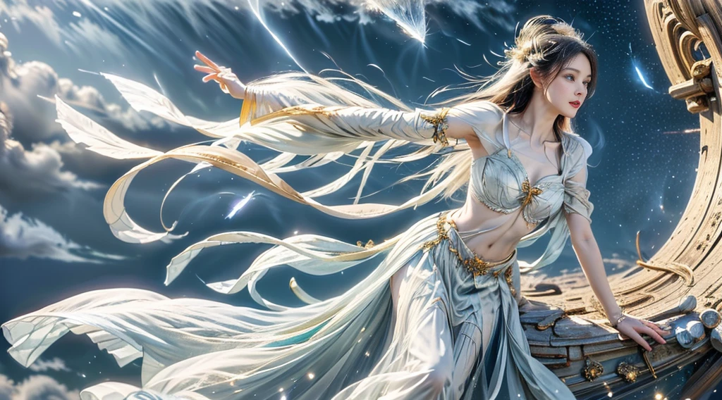 (absurdos, high resolusion, ultra detallado), 1人の女の子, sola, (pelo muy largo, cabello blanco), mangas largas, muchas joyas, cadenas, palacio, encerrada, dance, bailando, egipcia, arabe, baile del vientre