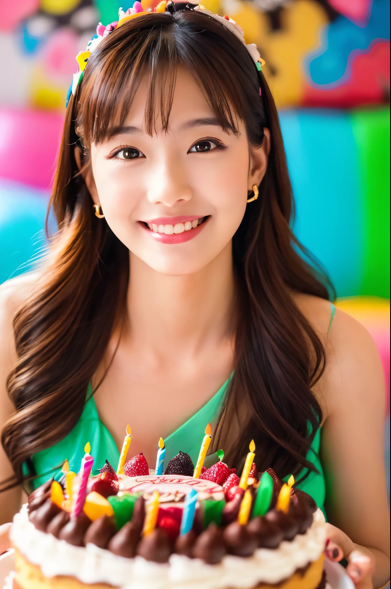 (Beautiful girl celebrating her birthday, Birthday Cake, surreal portrait, Aesthetic quality of official art, 4K, hight resolution, masutepiece:1.2), Ultra-detailed, (Realistic, photoRealistic:1.37), Portraits, Vibrant colors, Soft lighting